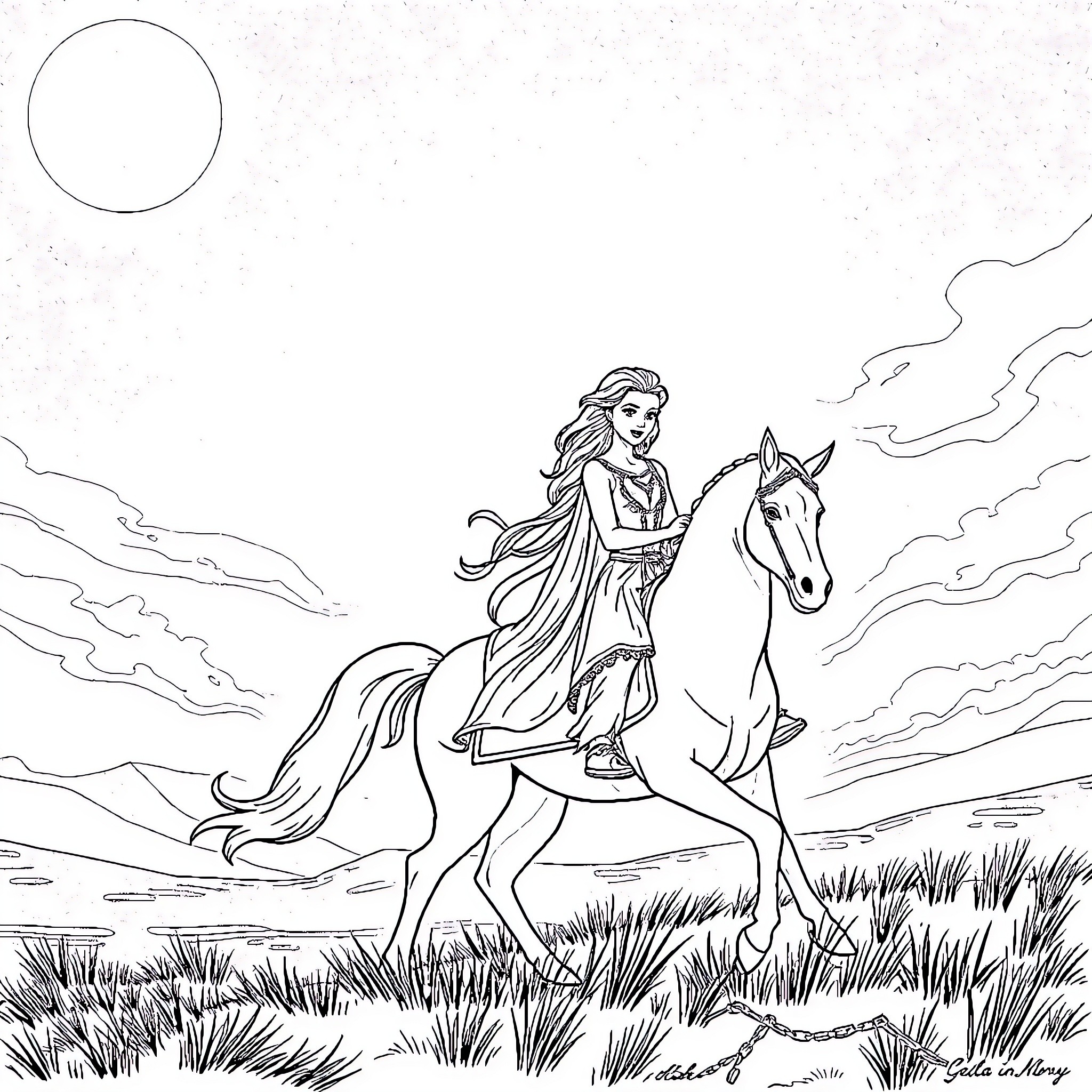 Elsa riding a majestic horse in the countryside Coloring Page (free black-and-white line drawing printable PDF for all, from beginners to advanced learners, including children, teens, adults, and seniors)