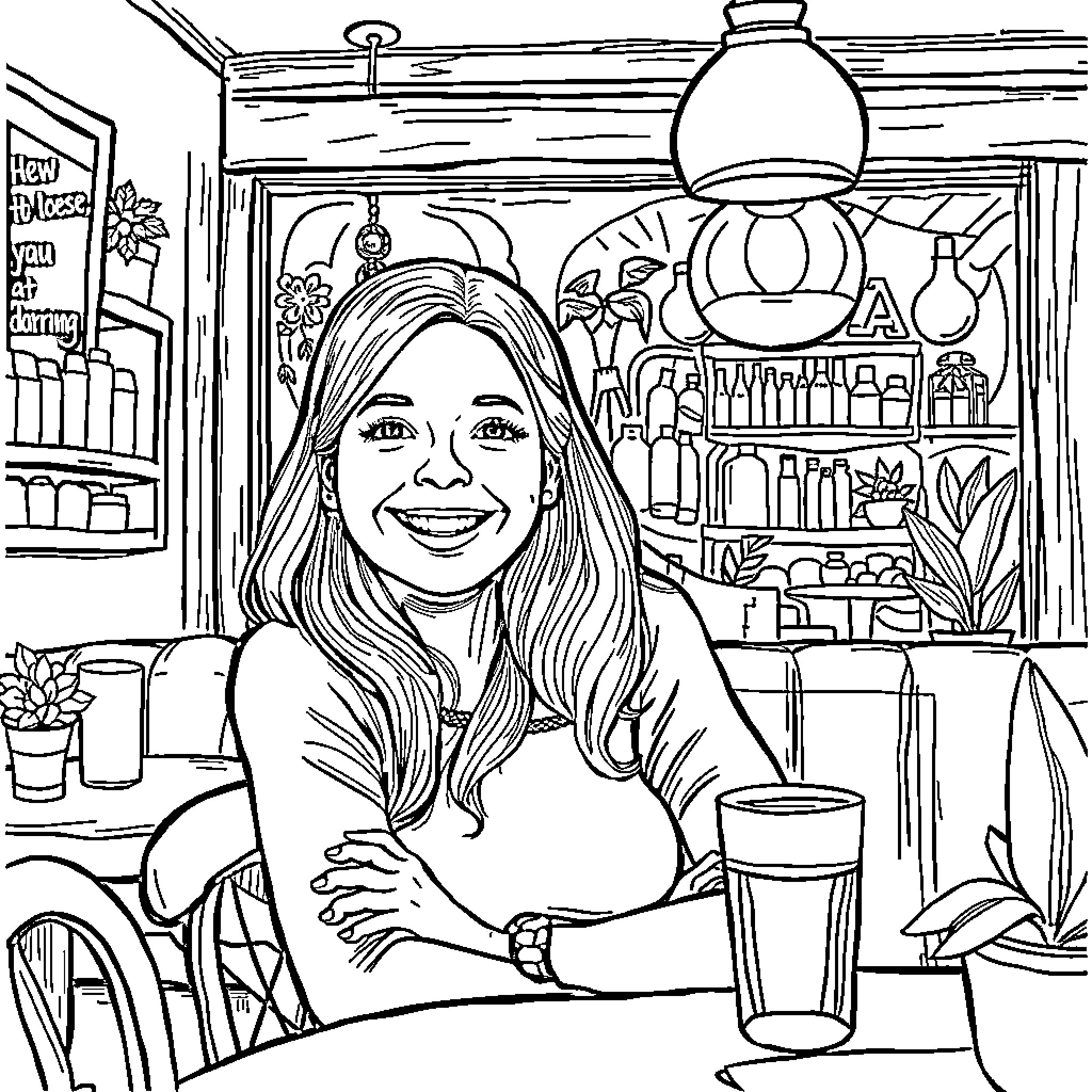 Erin Donnelly smiling cheerfully in a cozy cafe Coloring Page (free black-and-white line drawing printable PDF for all, from beginners to advanced learners, including children, teens, adults, and seniors)