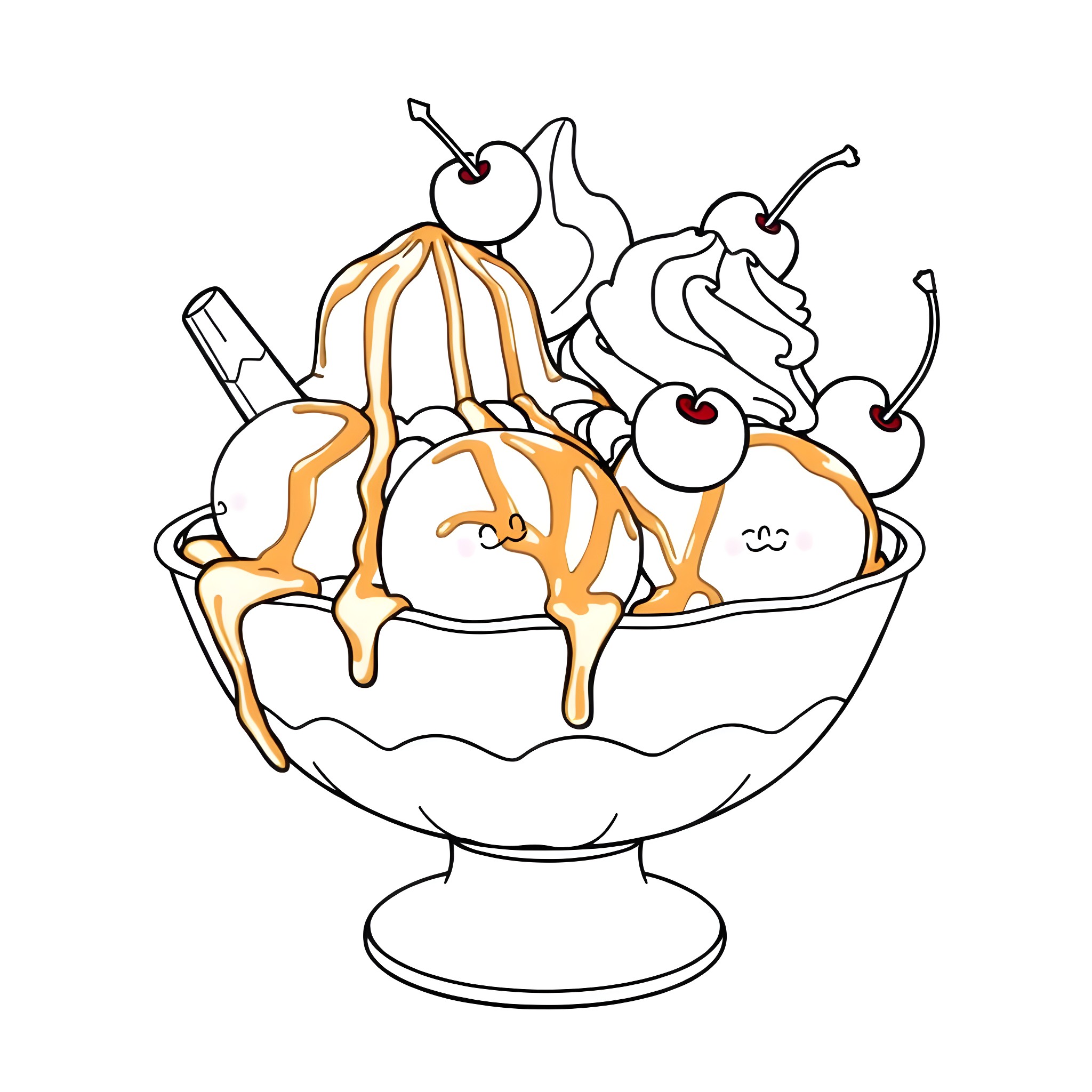 Banana Split with Whimsical Sundae Toppings Coloring Page (free black-and-white line drawing printable PDF for all, from beginners to advanced learners, including children, teens, adults, and seniors)