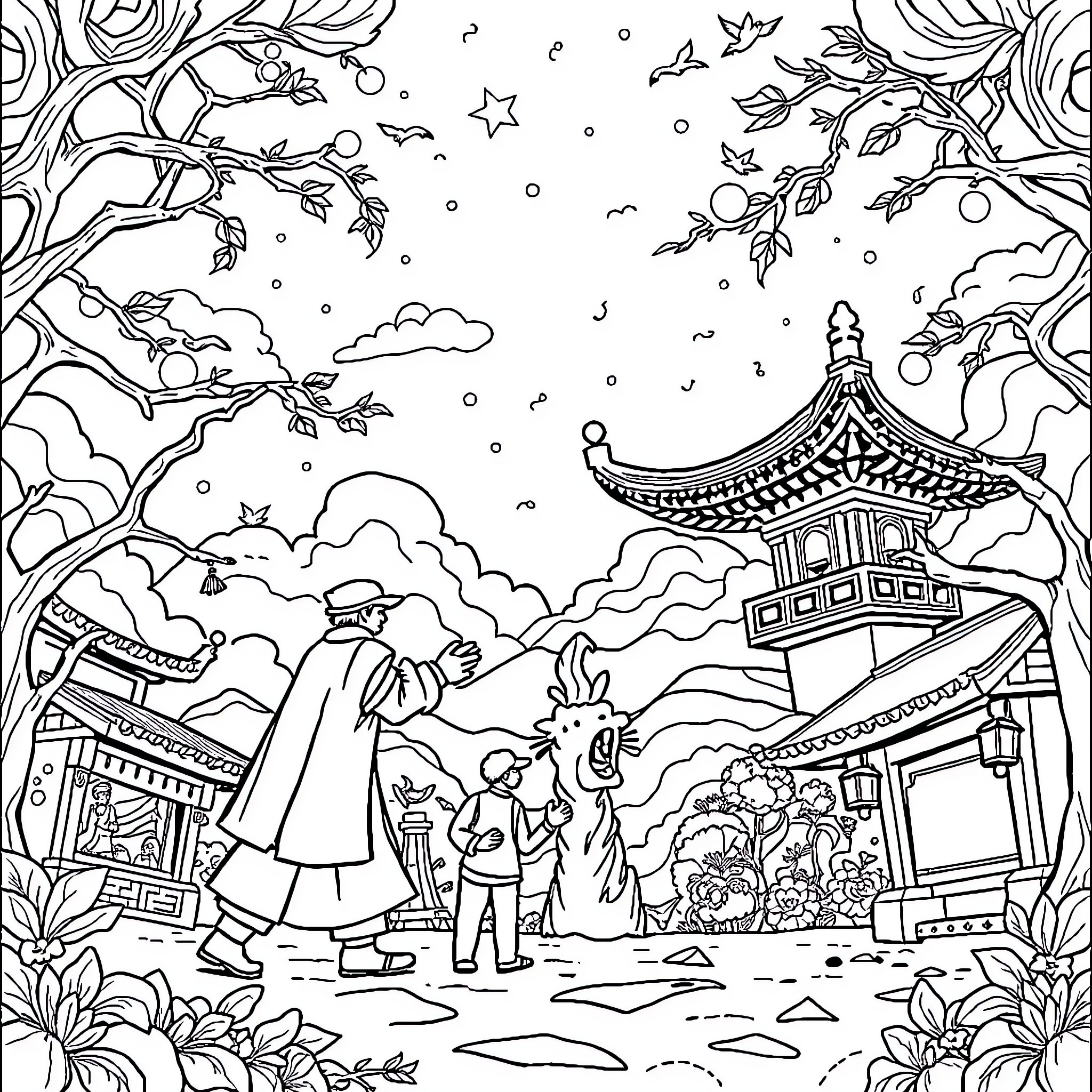East Vs West: Contrast of Traditional and Modern Cultures Coloring Page (free black-and-white line drawing printable PDF for all, from beginners to advanced learners, including children, teens, adults, and seniors)