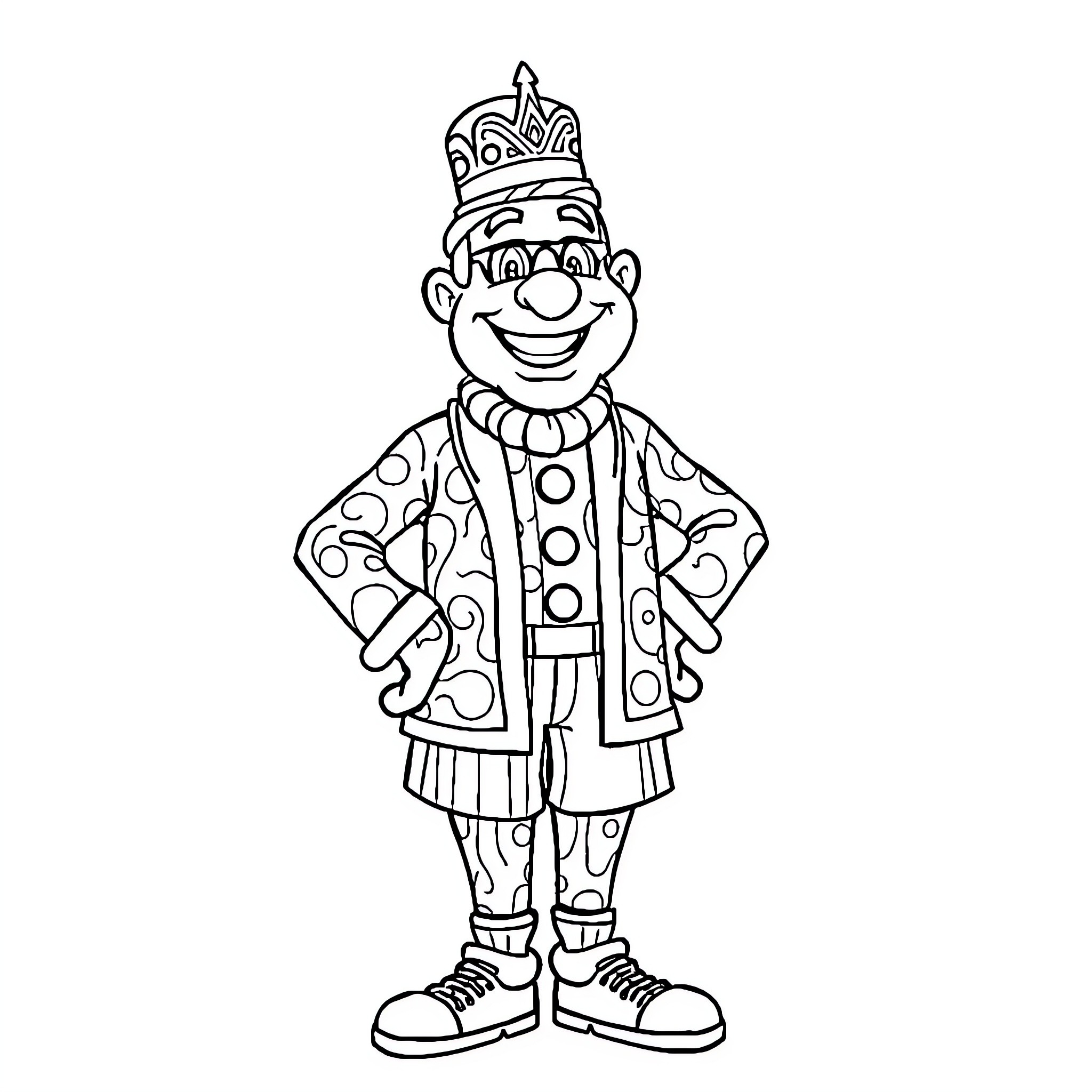 Bill the Cheerful Jester in Colorful Garb Coloring Page (free black-and-white line drawing printable PDF for all, from beginners to advanced learners, including children, teens, adults, and seniors)