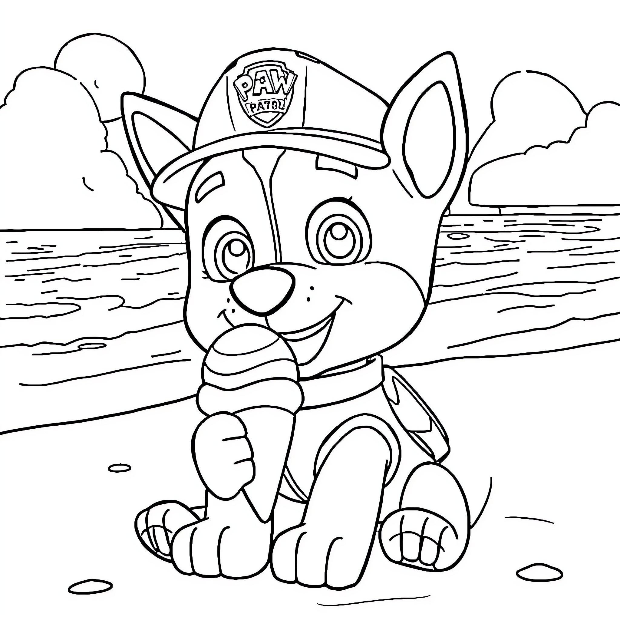 Chase the Pup's Adventure on the Beach Coloring Page (free black-and-white line drawing printable PDF for all, from beginners to advanced learners, including children, teens, adults, and seniors)