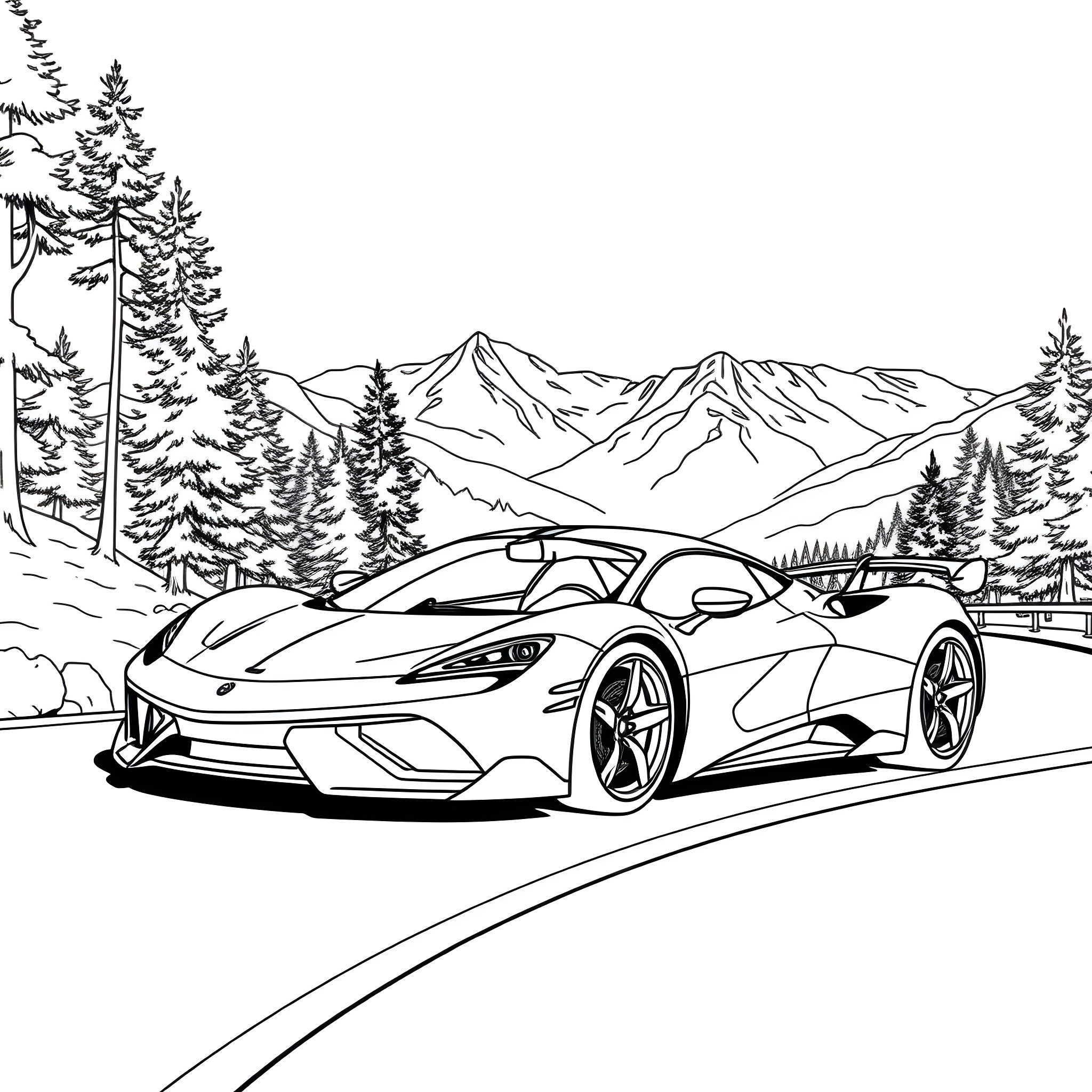 Sports Car Racing Through Mountain Landscape Coloring Page (free black-and-white line drawing printable PDF for all, from beginners to advanced learners, including children, teens, adults, and seniors)