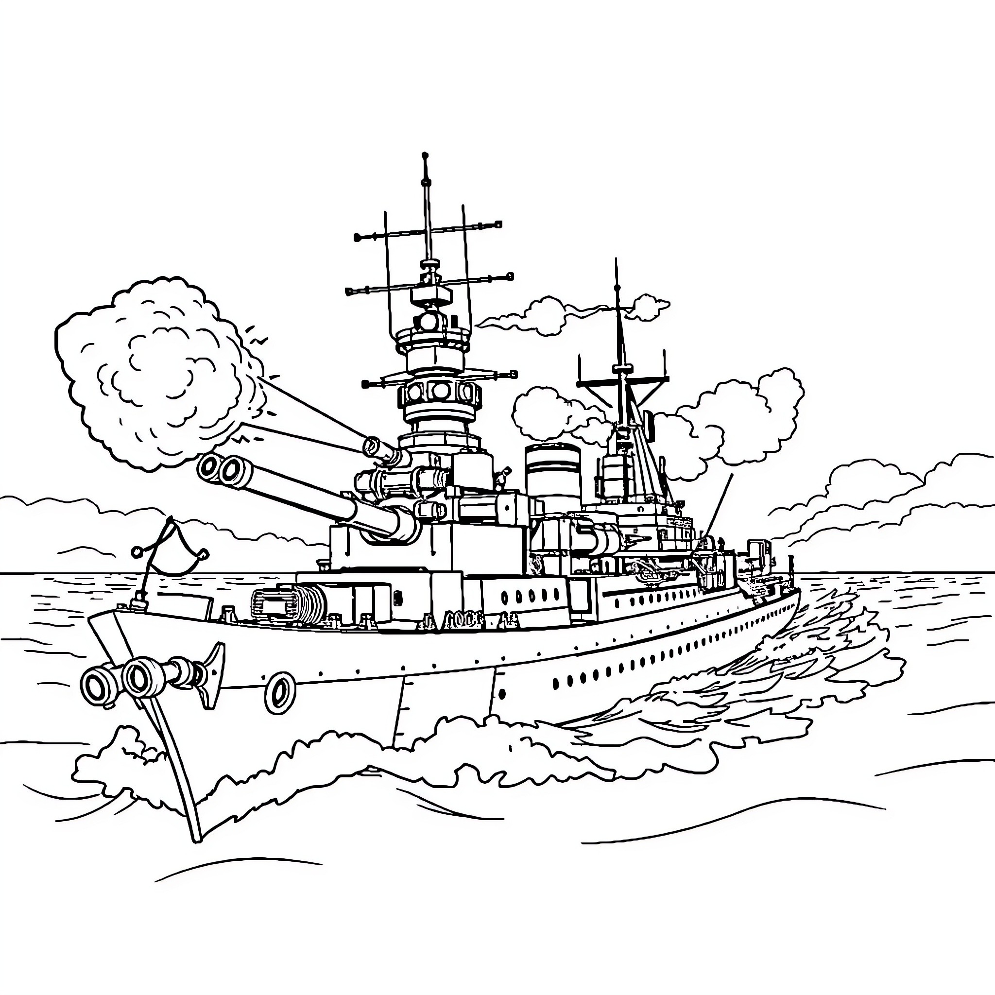 IJN Atago Warship Navigating the Seas Coloring Page (free black-and-white line drawing printable PDF for all, from beginners to advanced learners, including children, teens, adults, and seniors)