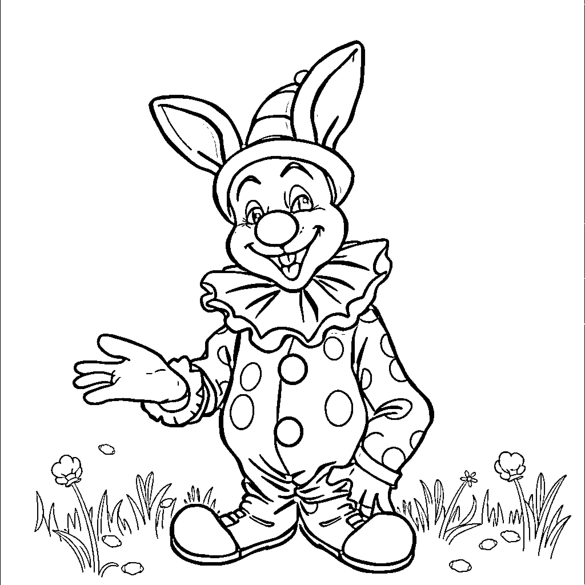 Clown with Polka Dot Costume Waving Happily Coloring Page (free black-and-white line drawing printable PDF for all, from beginners to advanced learners, including children, teens, adults, and seniors)