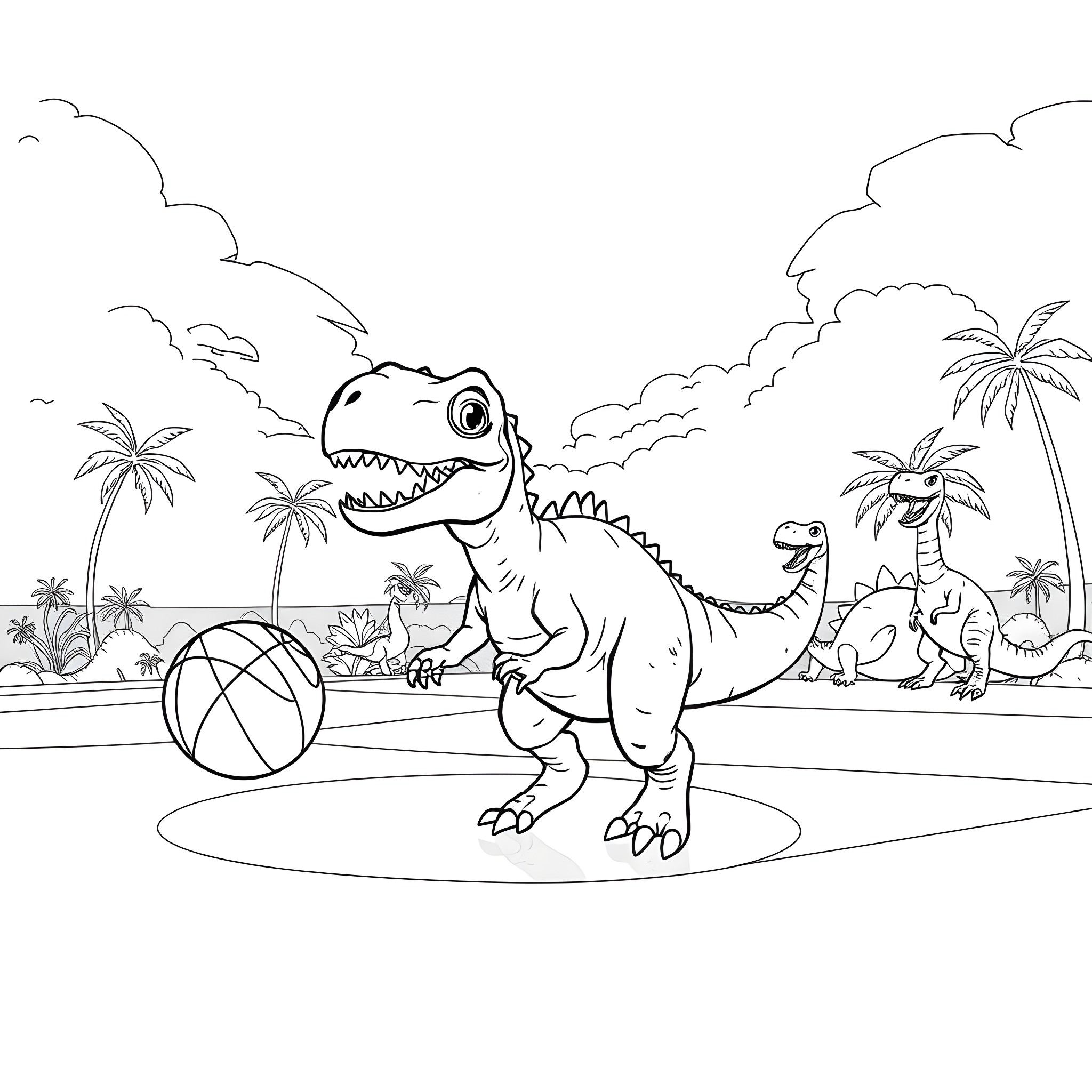Dinosaur playing with ball in tropical landscape Coloring Page (free black-and-white line drawing printable PDF for all, from beginners to advanced learners, including children, teens, adults, and seniors)