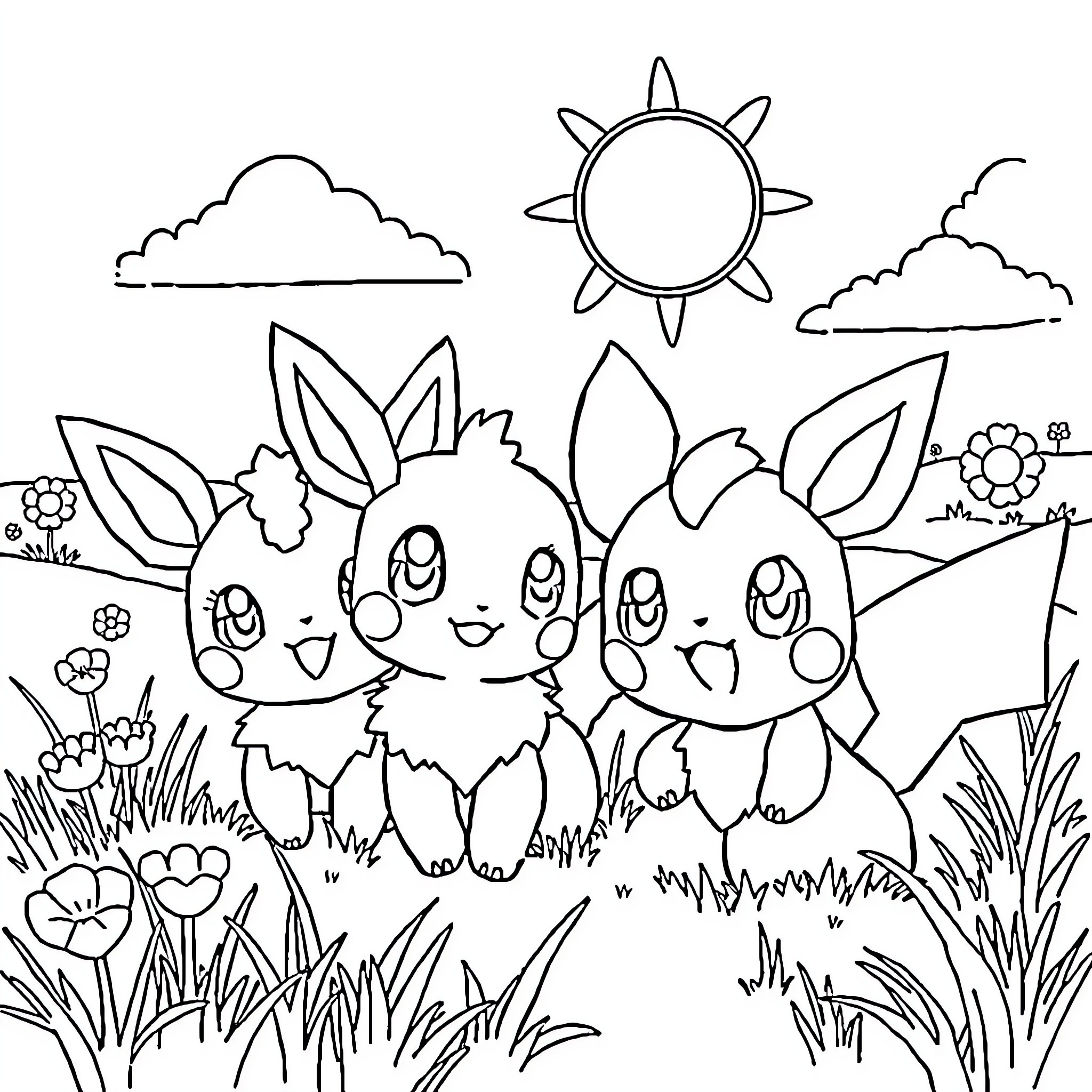 Pokémon enjoying a sunny day in the meadow Coloring Page (free black-and-white line drawing printable PDF for all, from beginners to advanced learners, including children, teens, adults, and seniors)