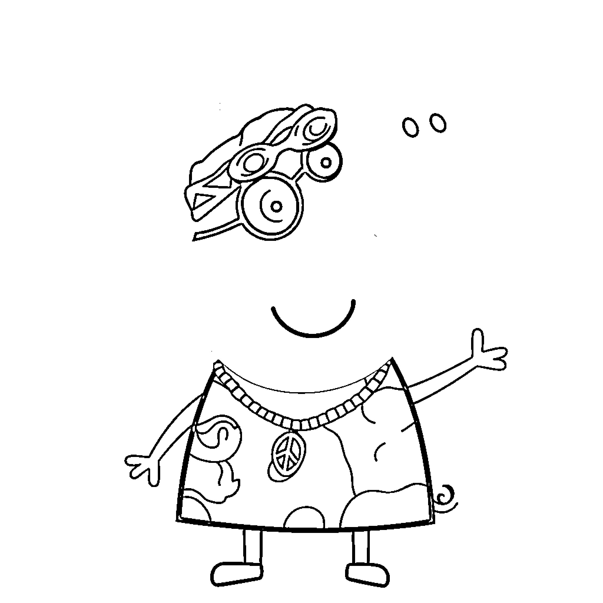 Peppa Pig drives a toy car happily Coloring Page (free black-and-white line drawing printable PDF for all, from beginners to advanced learners, including children, teens, adults, and seniors)