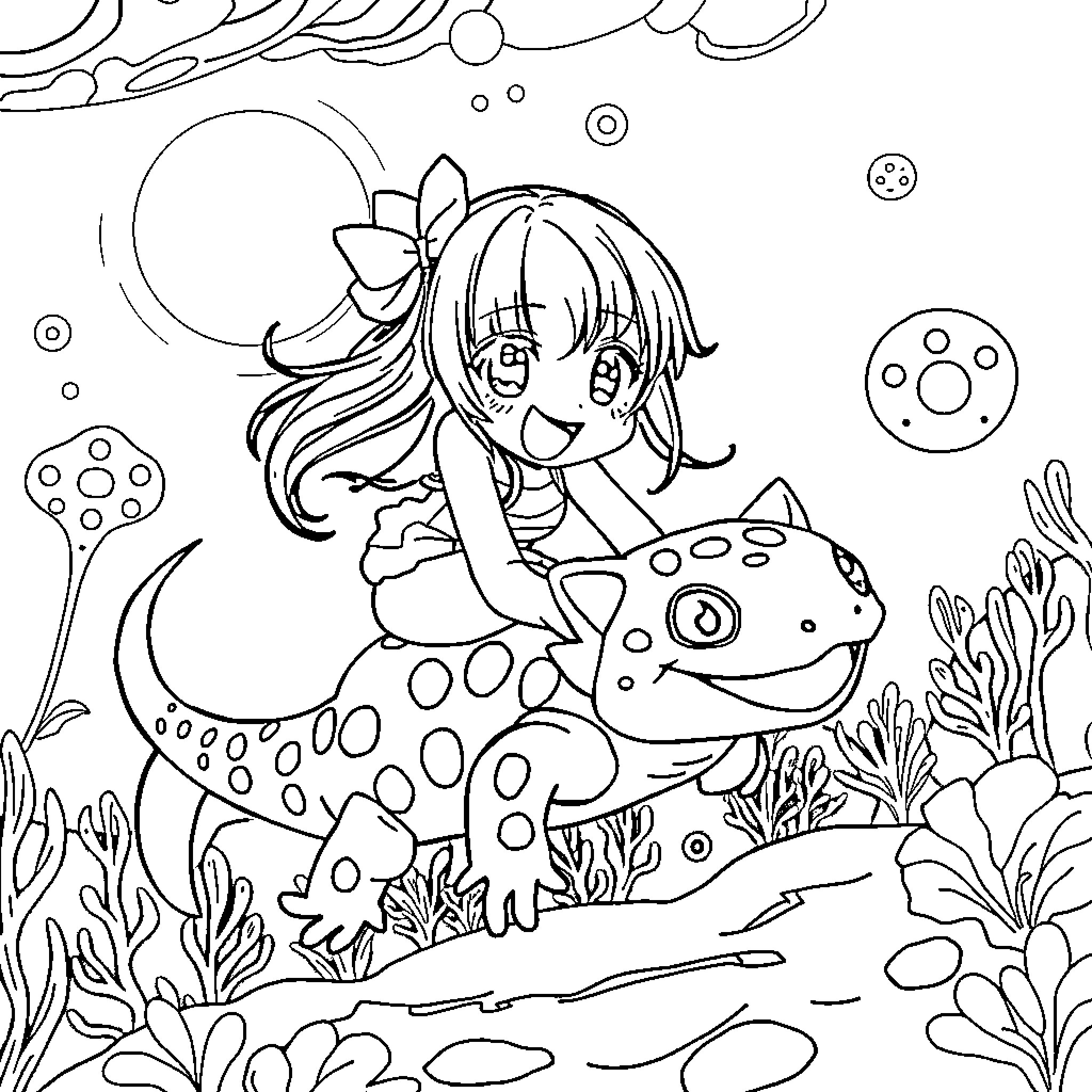 Kuromi's Underwater Adventure with a Friendly Creature Coloring Page (free black-and-white line drawing printable PDF for all, from beginners to advanced learners, including children, teens, adults, and seniors)