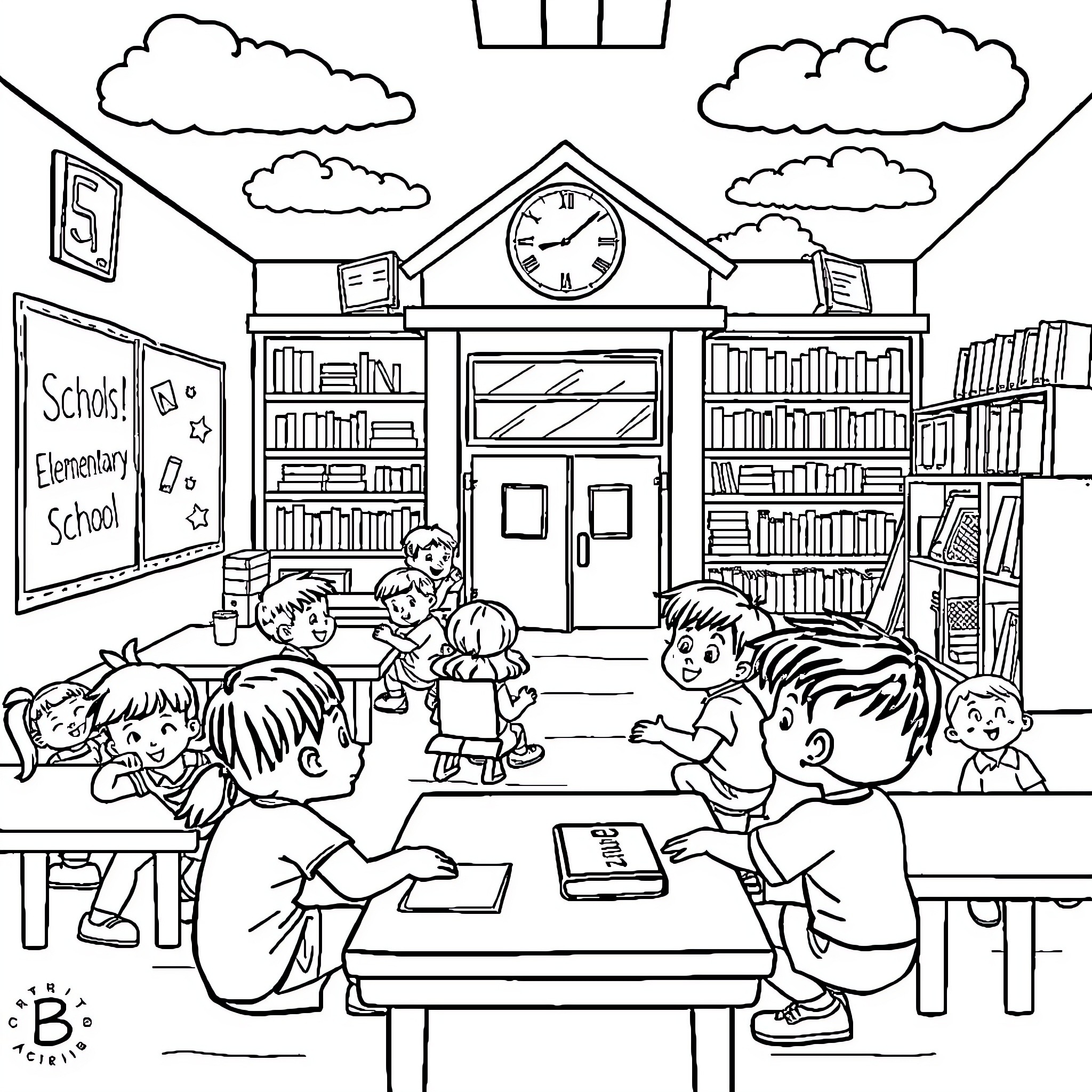 Elementary Students Studying and Playing in Classroom Coloring Page (free black-and-white line drawing printable PDF for all, from beginners to advanced learners, including children, teens, adults, and seniors)