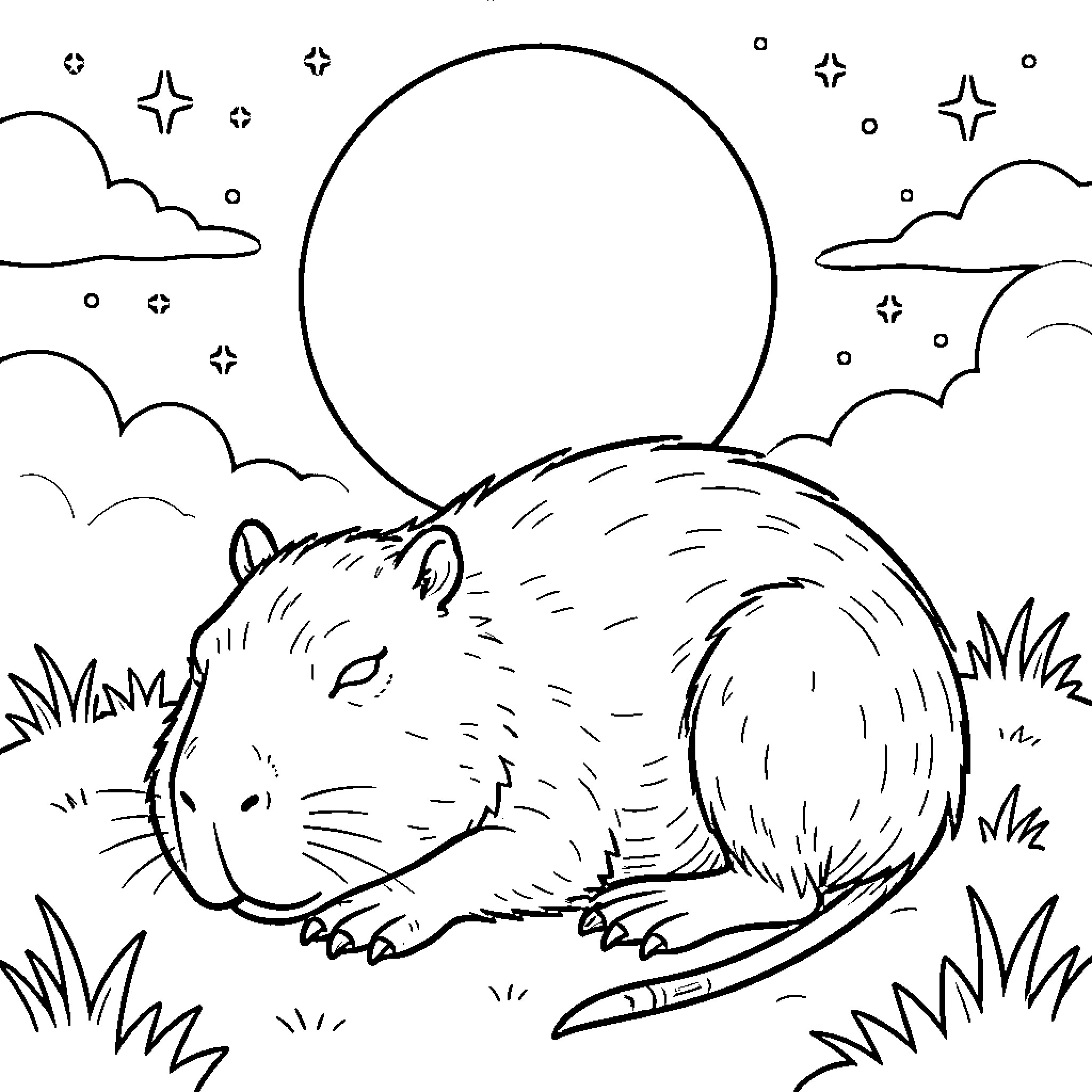 Capybara relaxing under the moonlight Coloring Page (free black-and-white line drawing printable PDF for all, from beginners to advanced learners, including children, teens, adults, and seniors)