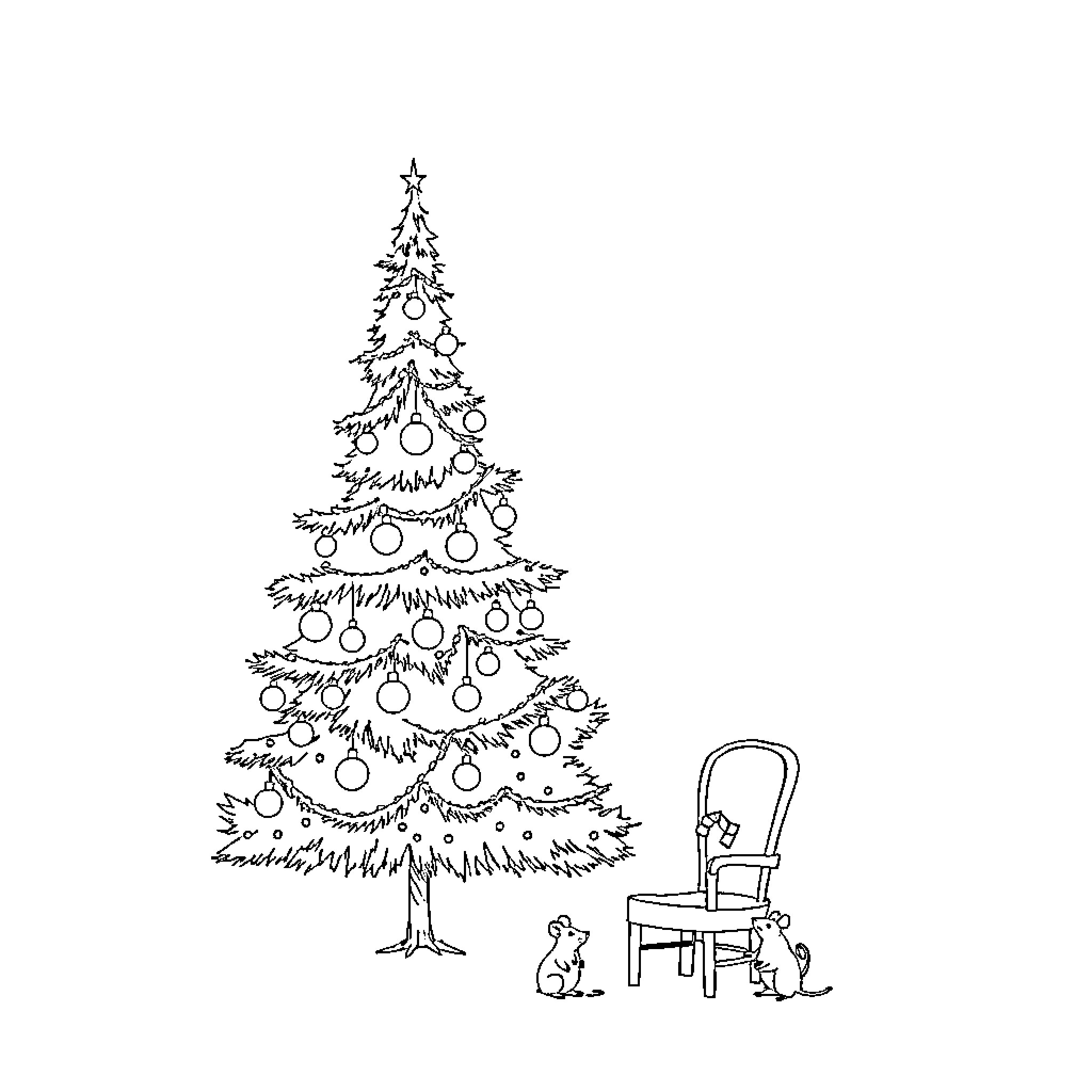 Christmas Tree decorated with ornaments and pets playing Coloring Page (free black-and-white line drawing printable PDF for all, from beginners to advanced learners, including children, teens, adults, and seniors)