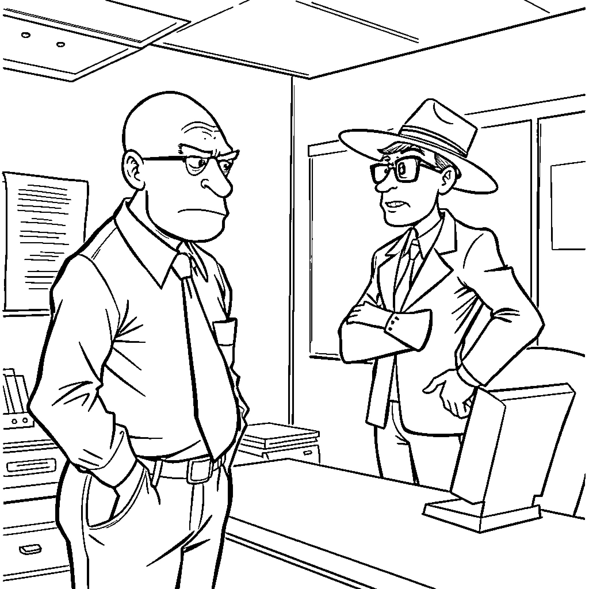 Boss men in serious business discussion Coloring Page (free black-and-white line drawing printable PDF for all, from beginners to advanced learners, including children, teens, adults, and seniors)