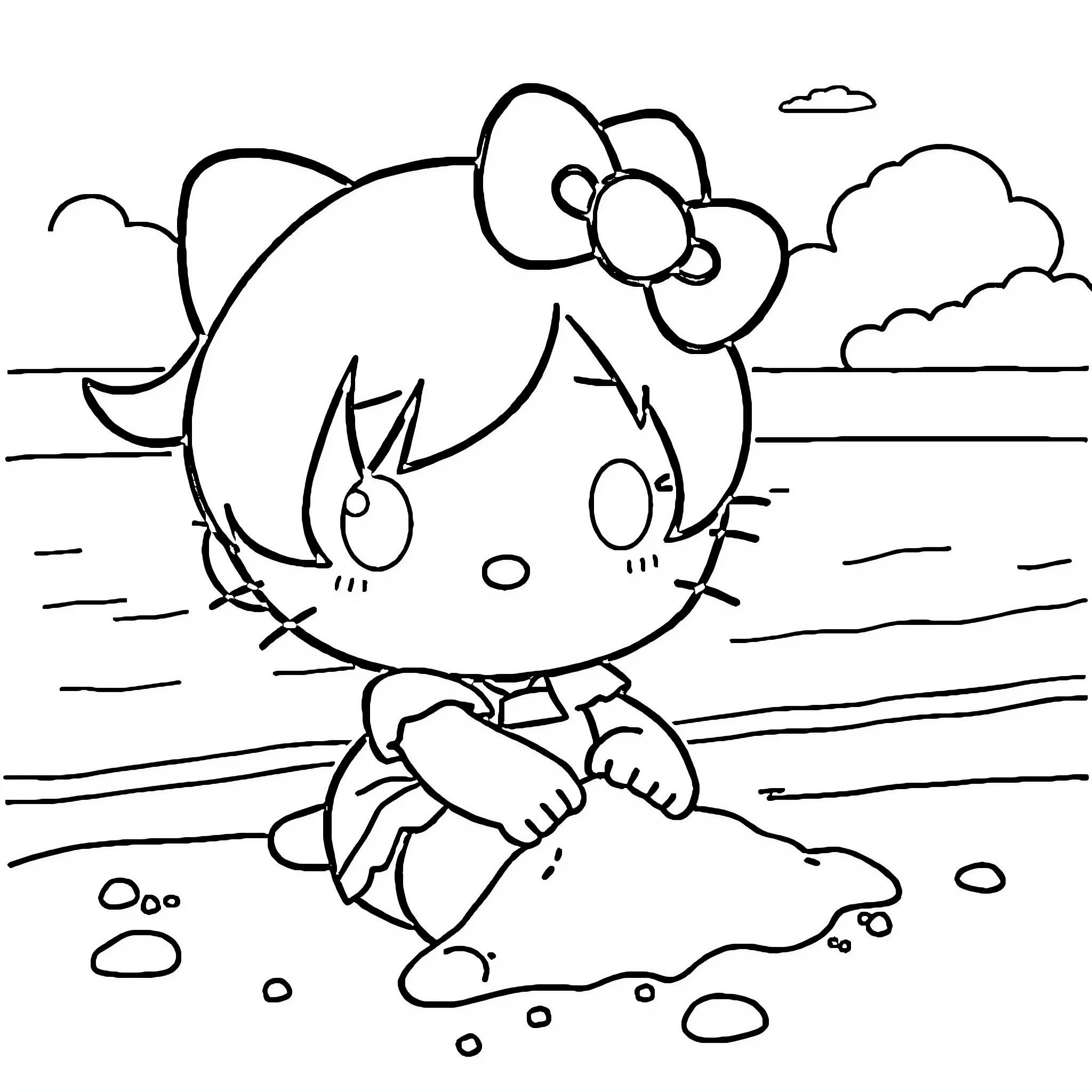 Kuromi enjoying the scenery by the shore Coloring Page (free black-and-white line drawing printable PDF for all, from beginners to advanced learners, including children, teens, adults, and seniors)