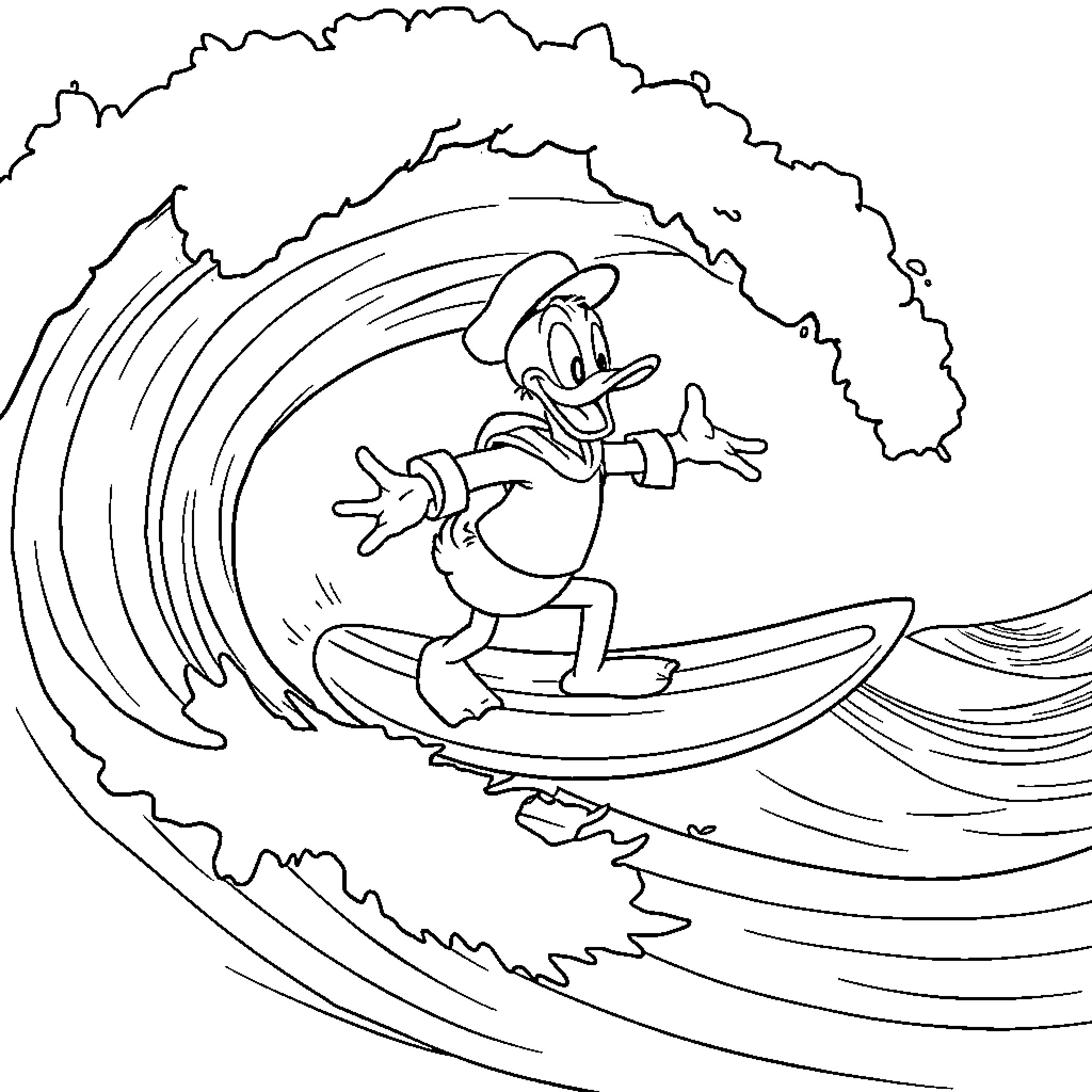 Donald Duck surfing on a giant wave Coloring Page (free black-and-white line drawing printable PDF for all, from beginners to advanced learners, including children, teens, adults, and seniors)