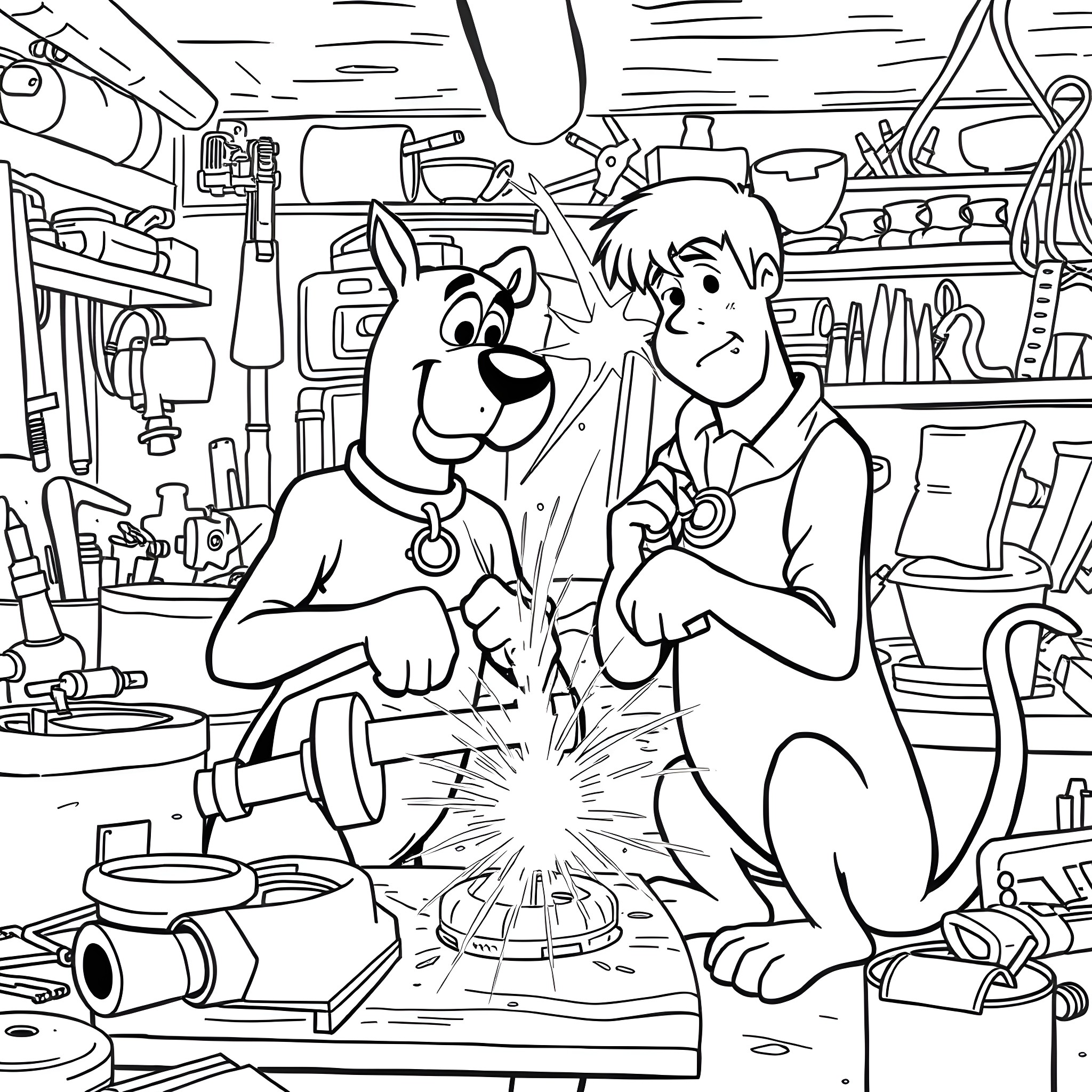 Scooby Doo and Shaggy Investigate the Mysterious Gadgets Coloring Page (free black-and-white line drawing printable PDF for all, from beginners to advanced learners, including children, teens, adults, and seniors)