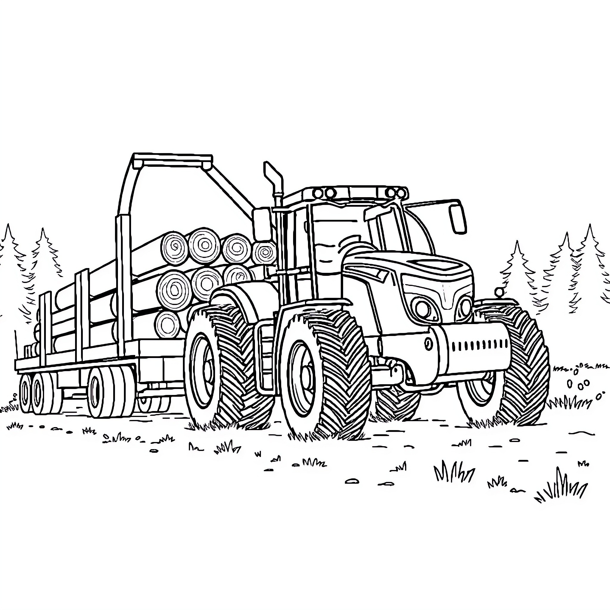 Tractor hauling logs through the forest Coloring Page (free black-and-white line drawing printable PDF for all, from beginners to advanced learners, including children, teens, adults, and seniors)