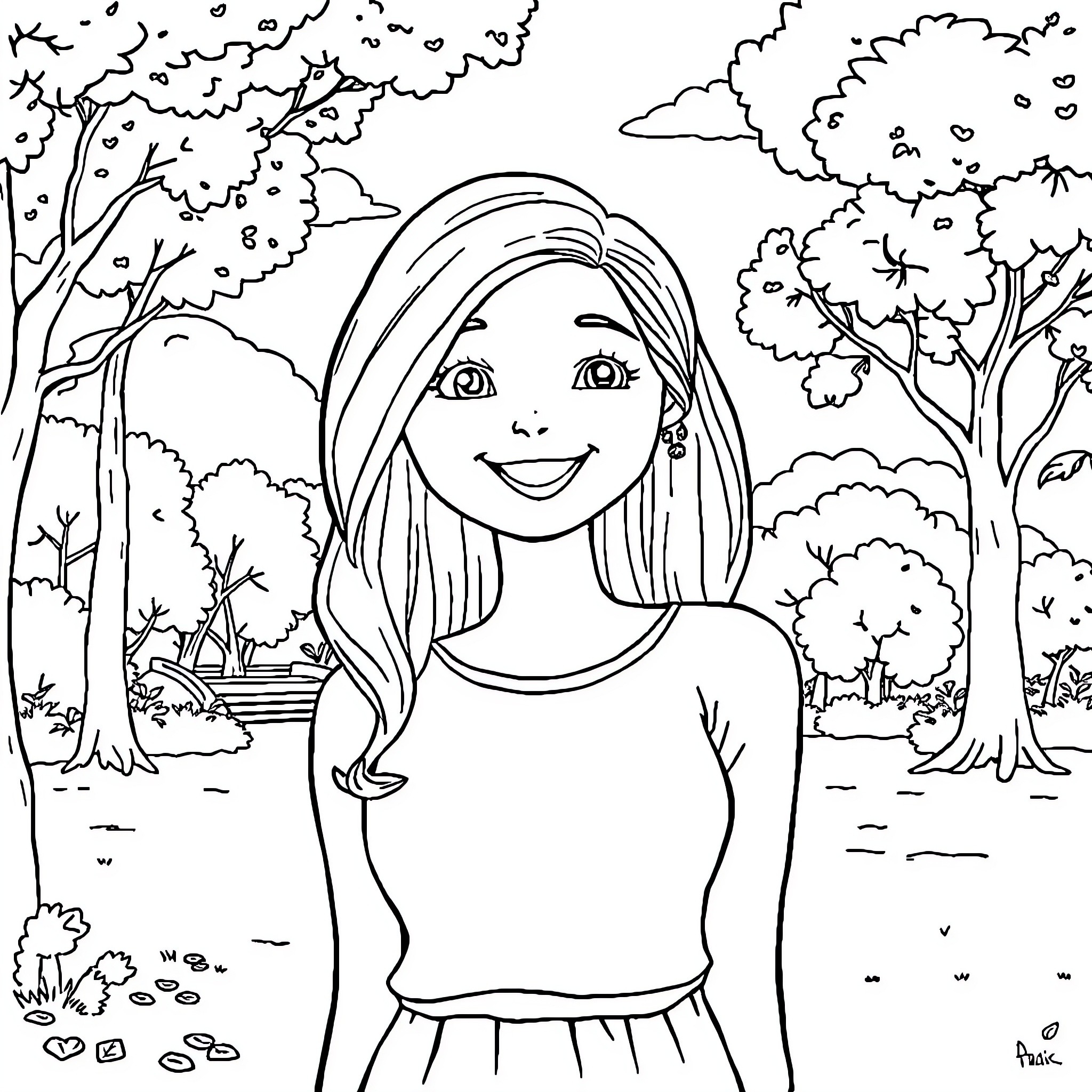 Anaïs enjoying the peaceful nature scene Coloring Page (free black-and-white line drawing printable PDF for all, from beginners to advanced learners, including children, teens, adults, and seniors)