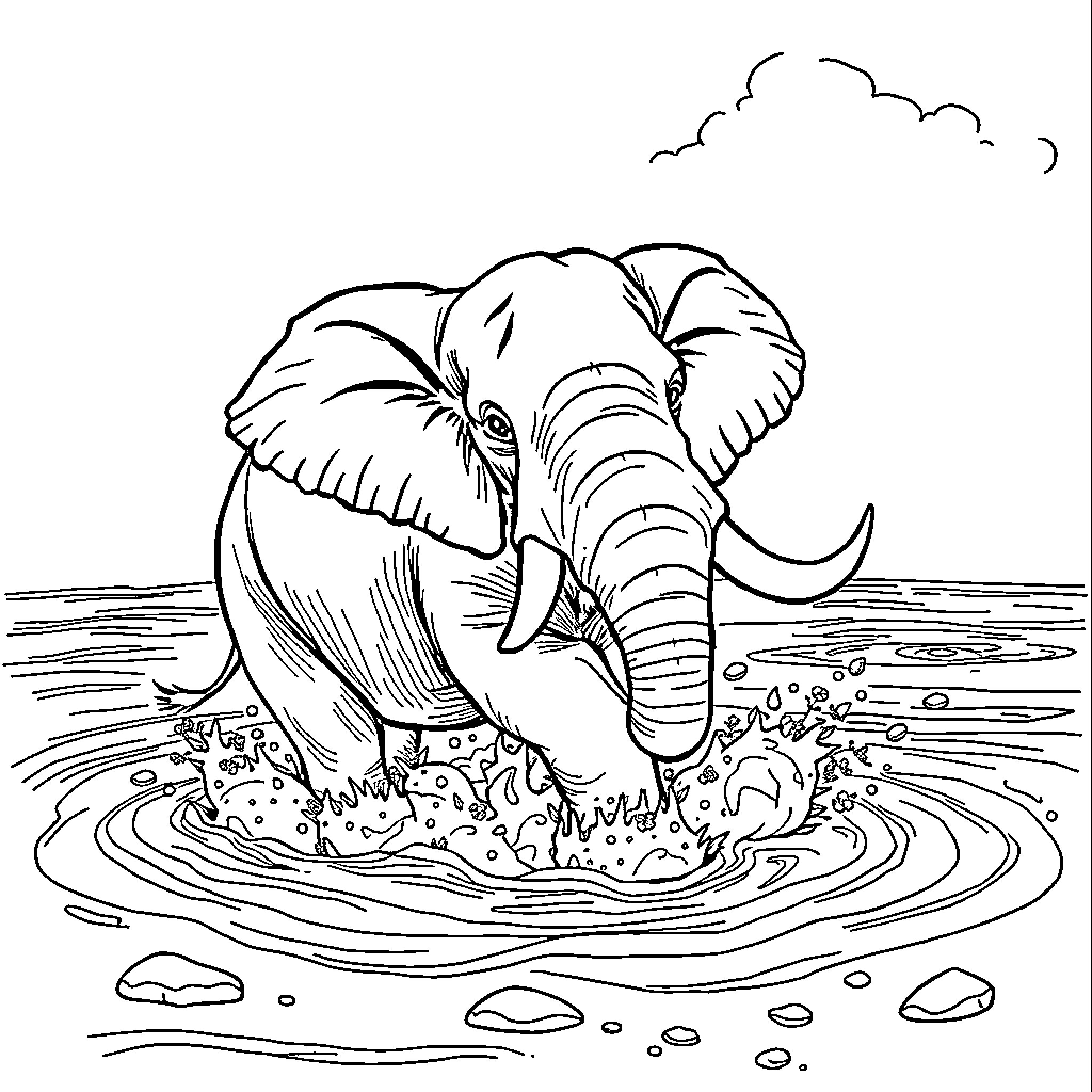 Elephant splashing in a muddy puddle Coloring Page (free black-and-white line drawing printable PDF for all, from beginners to advanced learners, including children, teens, adults, and seniors)