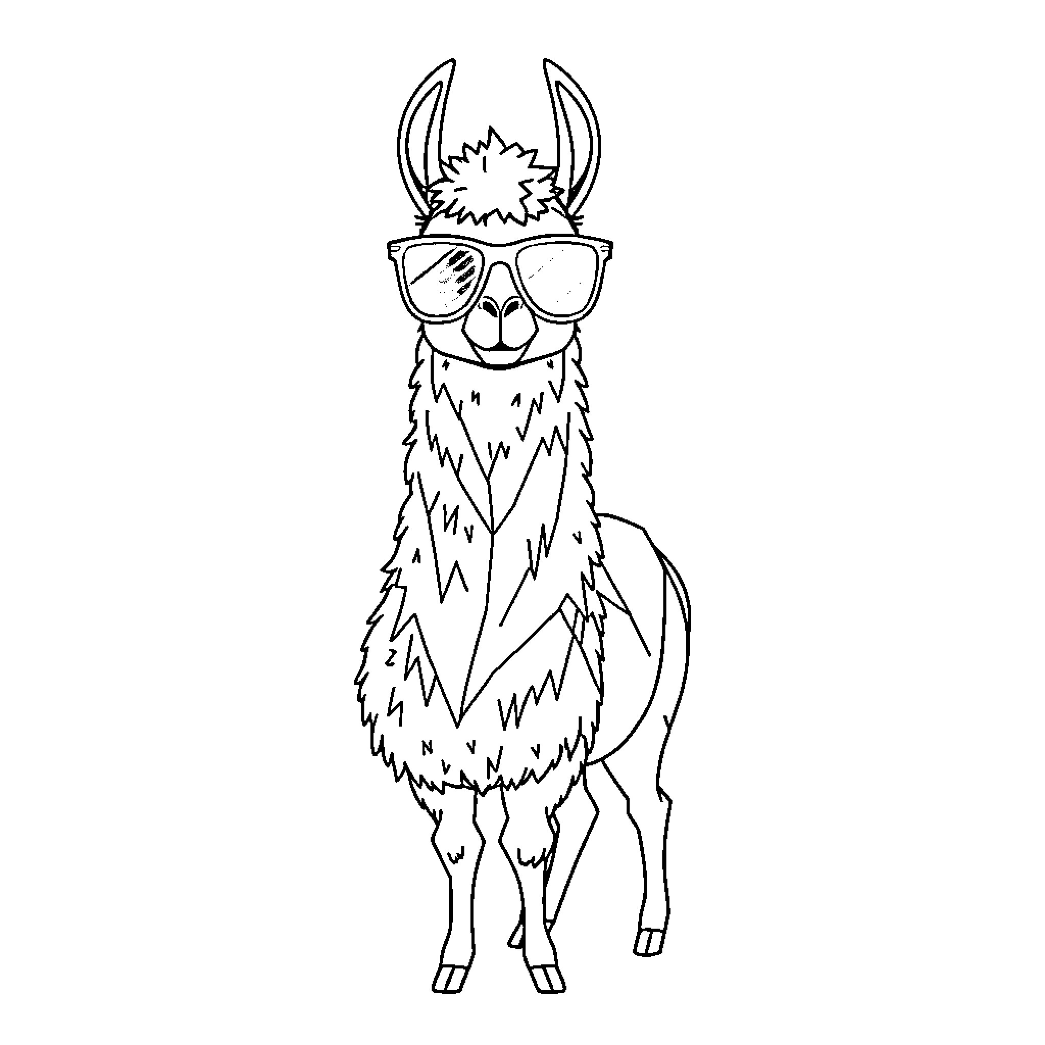 Llama wearing stylish sunglasses Coloring Page (free black-and-white line drawing printable PDF for all, from beginners to advanced learners, including children, teens, adults, and seniors)