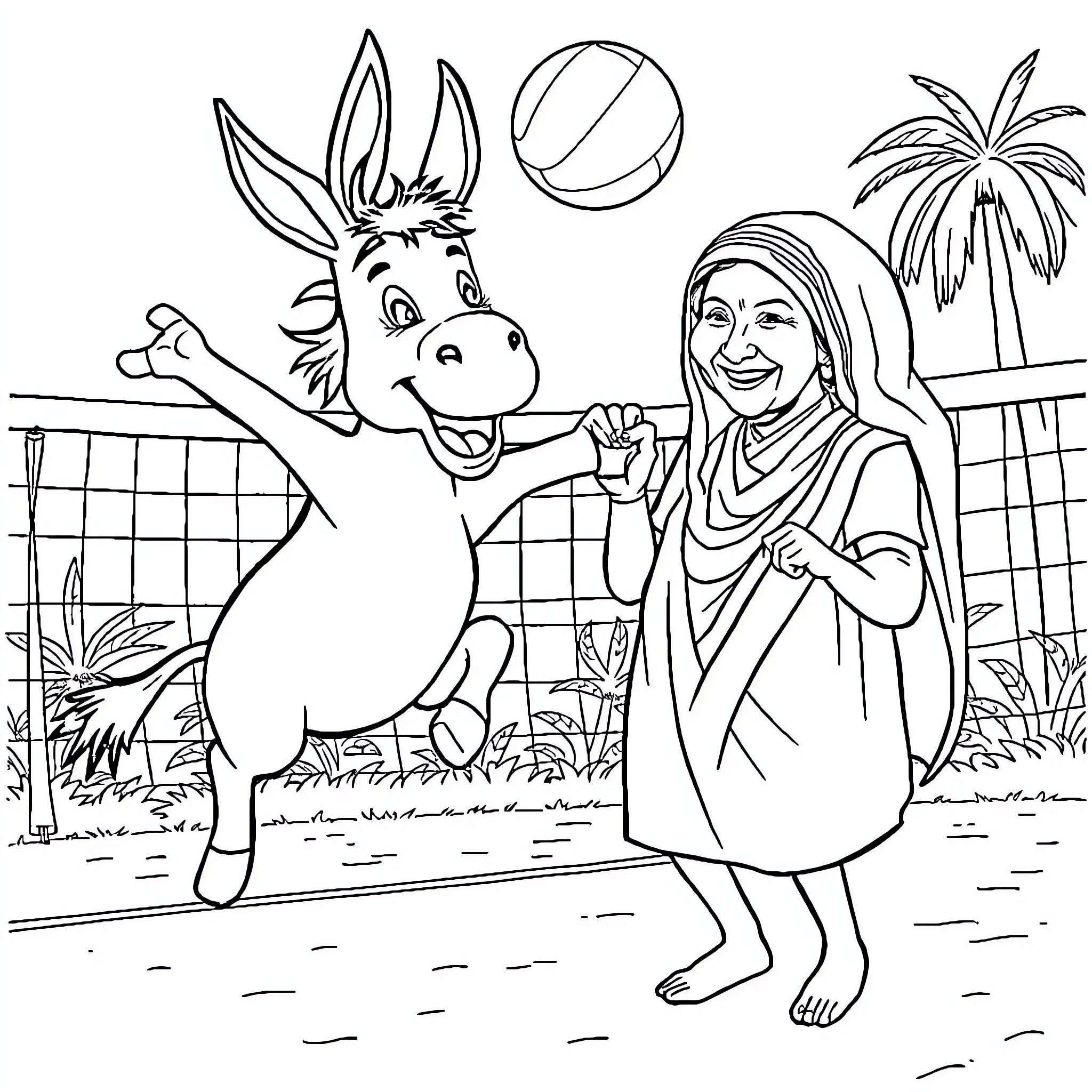 Donkey playing happily with girl in tropical setting Coloring Page (free black-and-white line drawing printable PDF for all, from beginners to advanced learners, including children, teens, adults, and seniors)