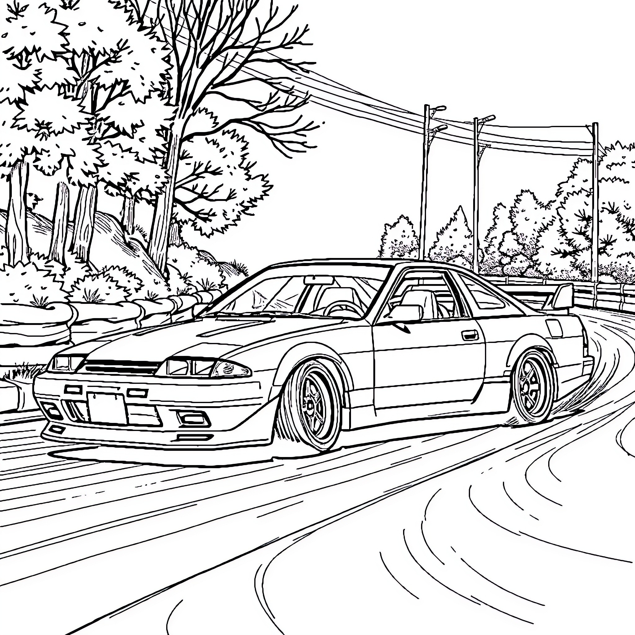 240sx racing through the countryside Coloring Page (free black-and-white line drawing printable PDF for all, from beginners to advanced learners, including children, teens, adults, and seniors)