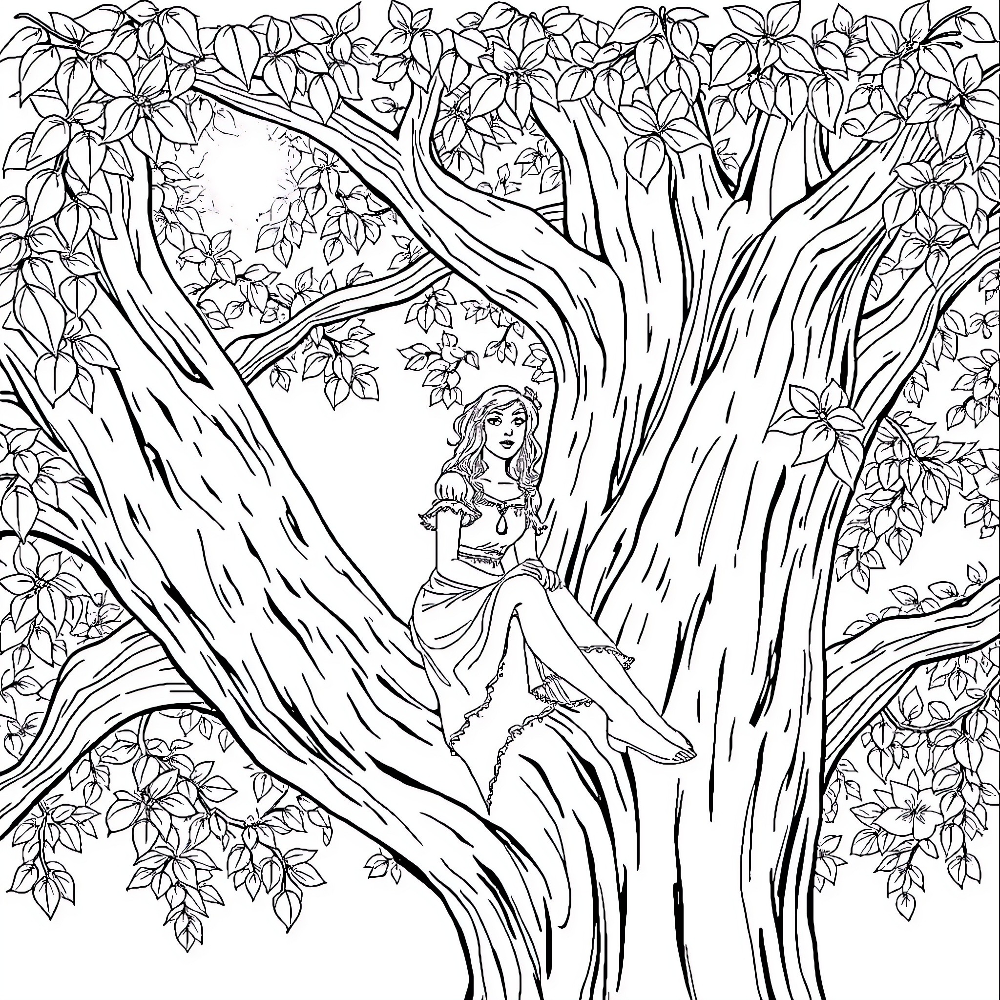 Clara in the enchanted forest Coloring Page (free black-and-white line drawing printable PDF for all, from beginners to advanced learners, including children, teens, adults, and seniors)