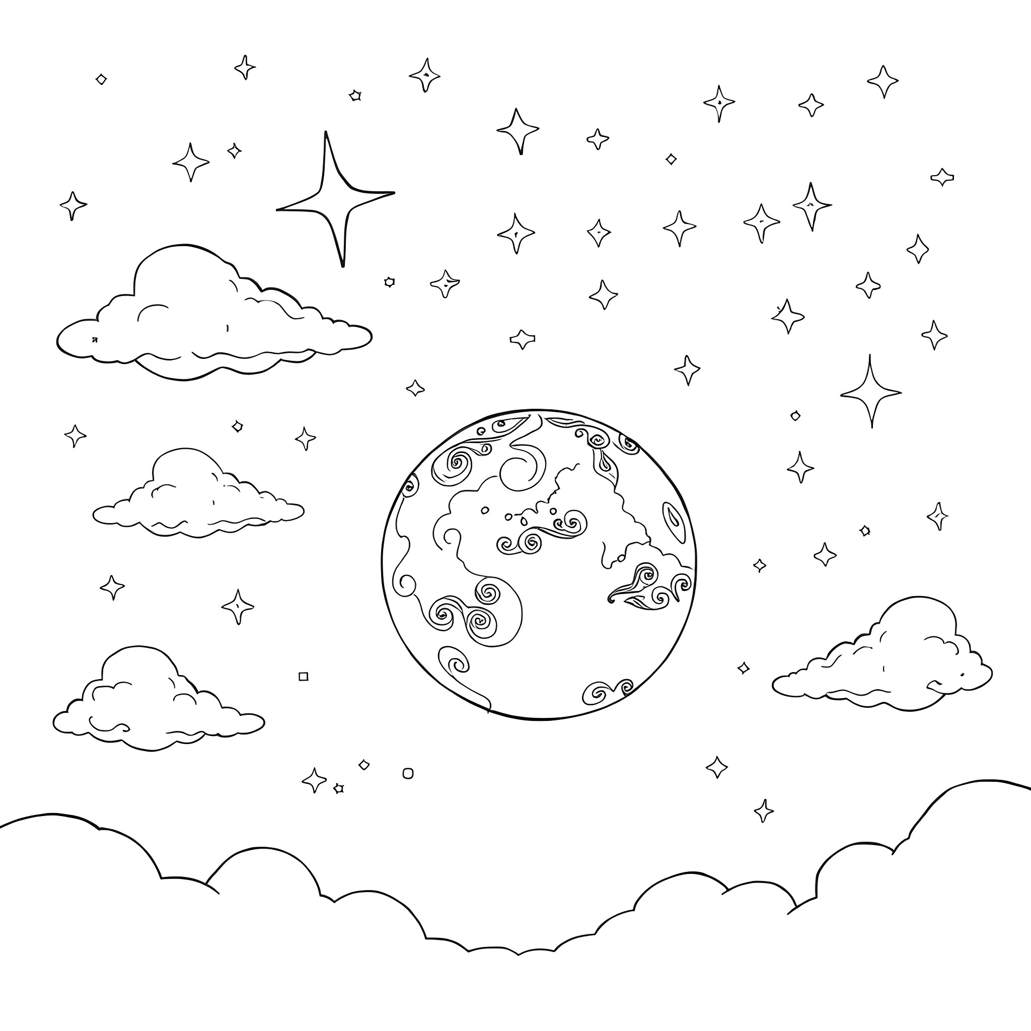 Moon and Starry Night Sky Coloring Page (free black-and-white line drawing printable PDF for all, from beginners to advanced learners, including children, teens, adults, and seniors)