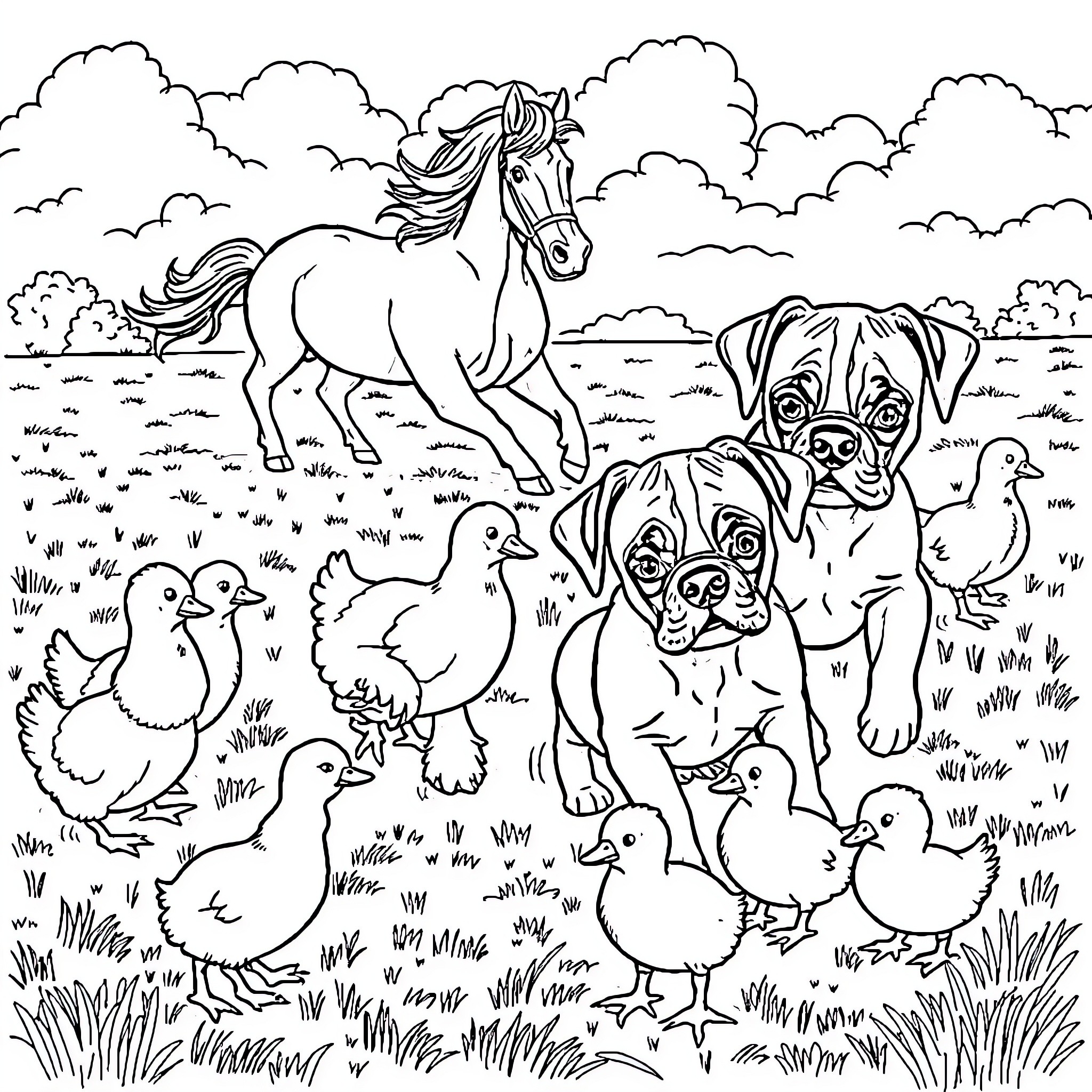 Puppy and horse playing in the field with ducklings Coloring Page (free black-and-white line drawing printable PDF for all, from beginners to advanced learners, including children, teens, adults, and seniors)