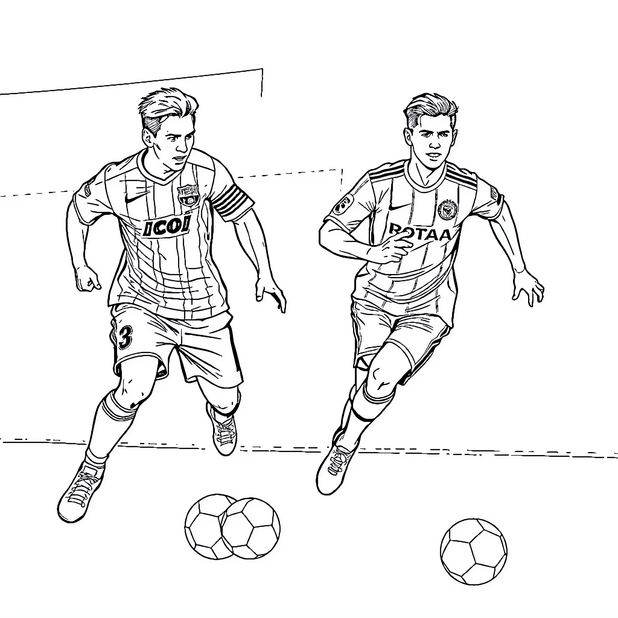 Messi Soccer Players in Action Coloring Page (free black-and-white line drawing printable PDF for all, from beginners to advanced learners, including children, teens, adults, and seniors)