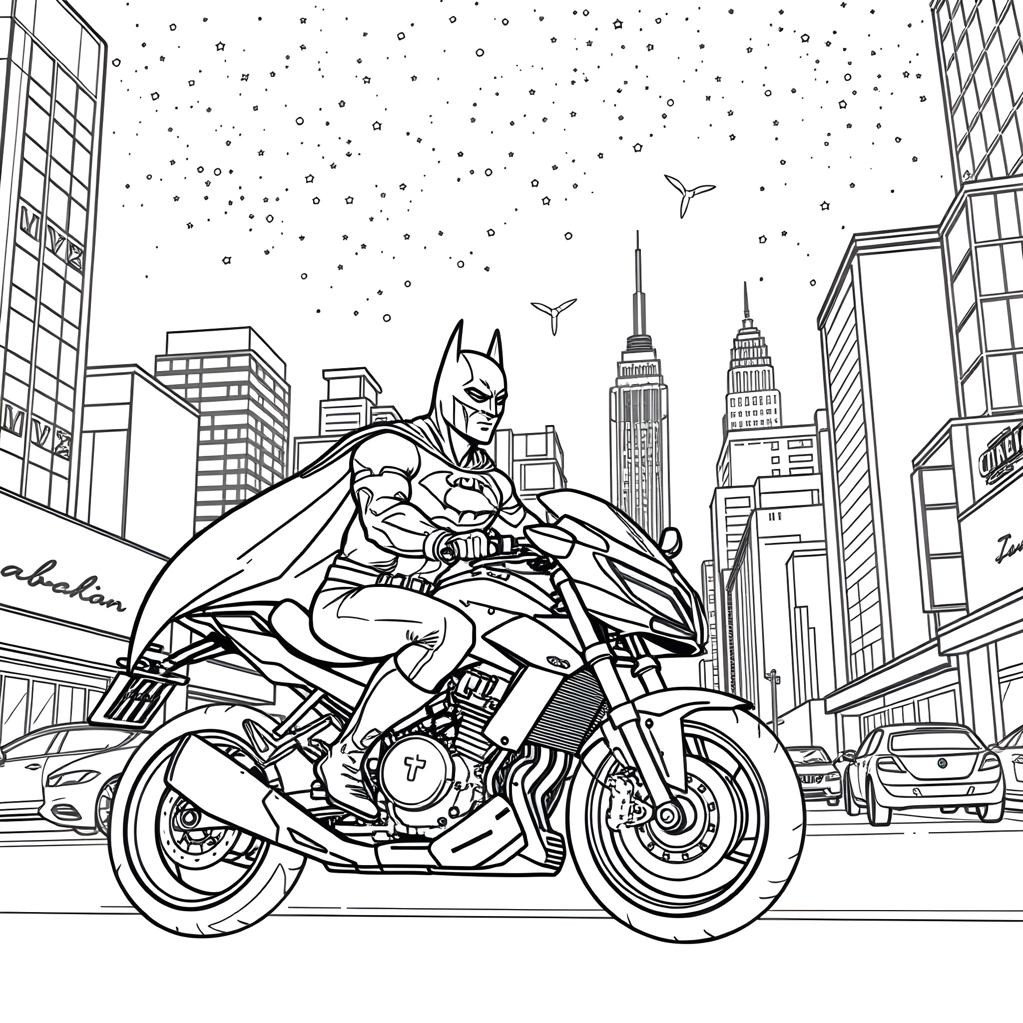 Batman riding motorcycle in the city Coloring Page (free black-and-white line drawing printable PDF for all, from beginners to advanced learners, including children, teens, adults, and seniors)
