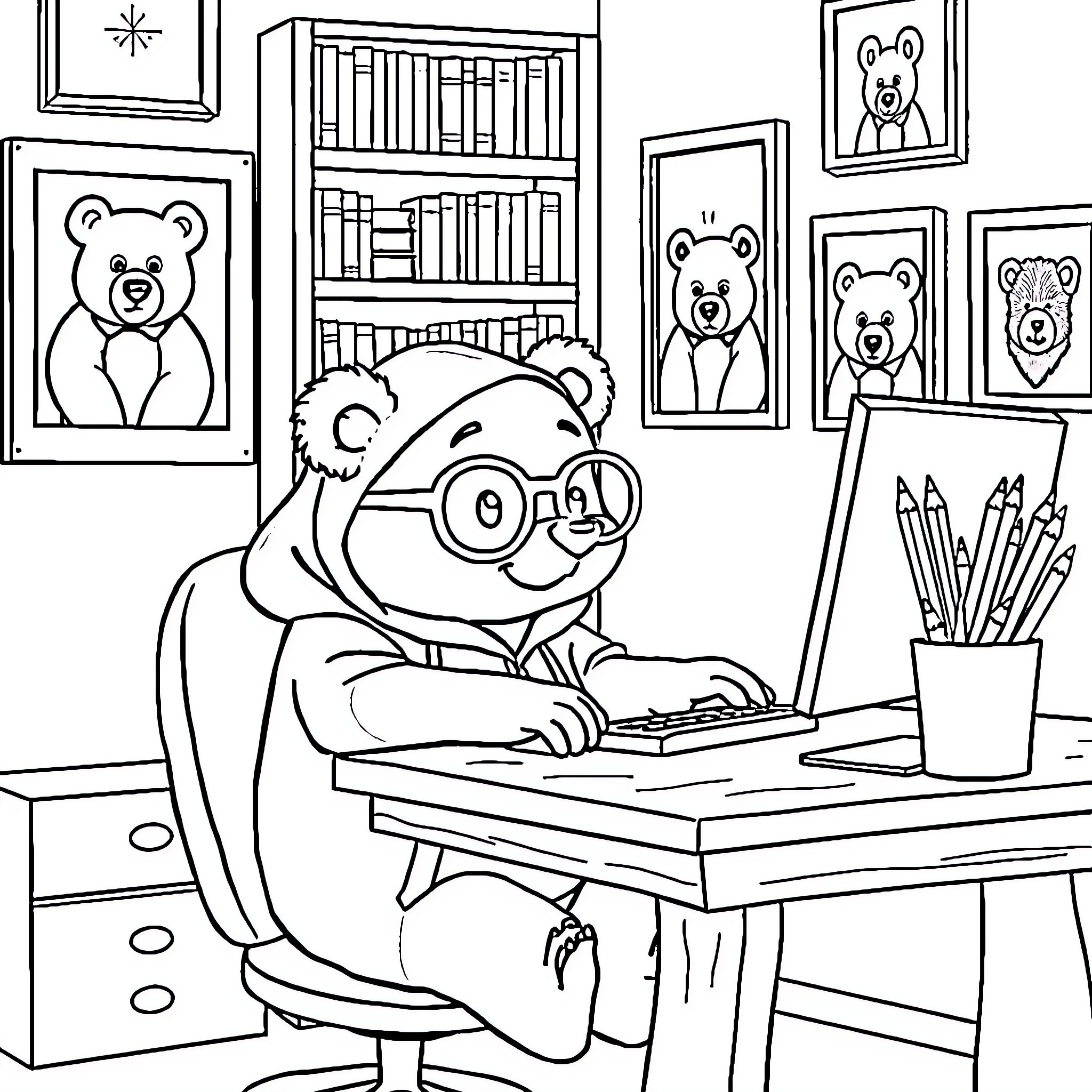 Bear working diligently at his desk Coloring Page (free black-and-white line drawing printable PDF for all, from beginners to advanced learners, including children, teens, adults, and seniors)