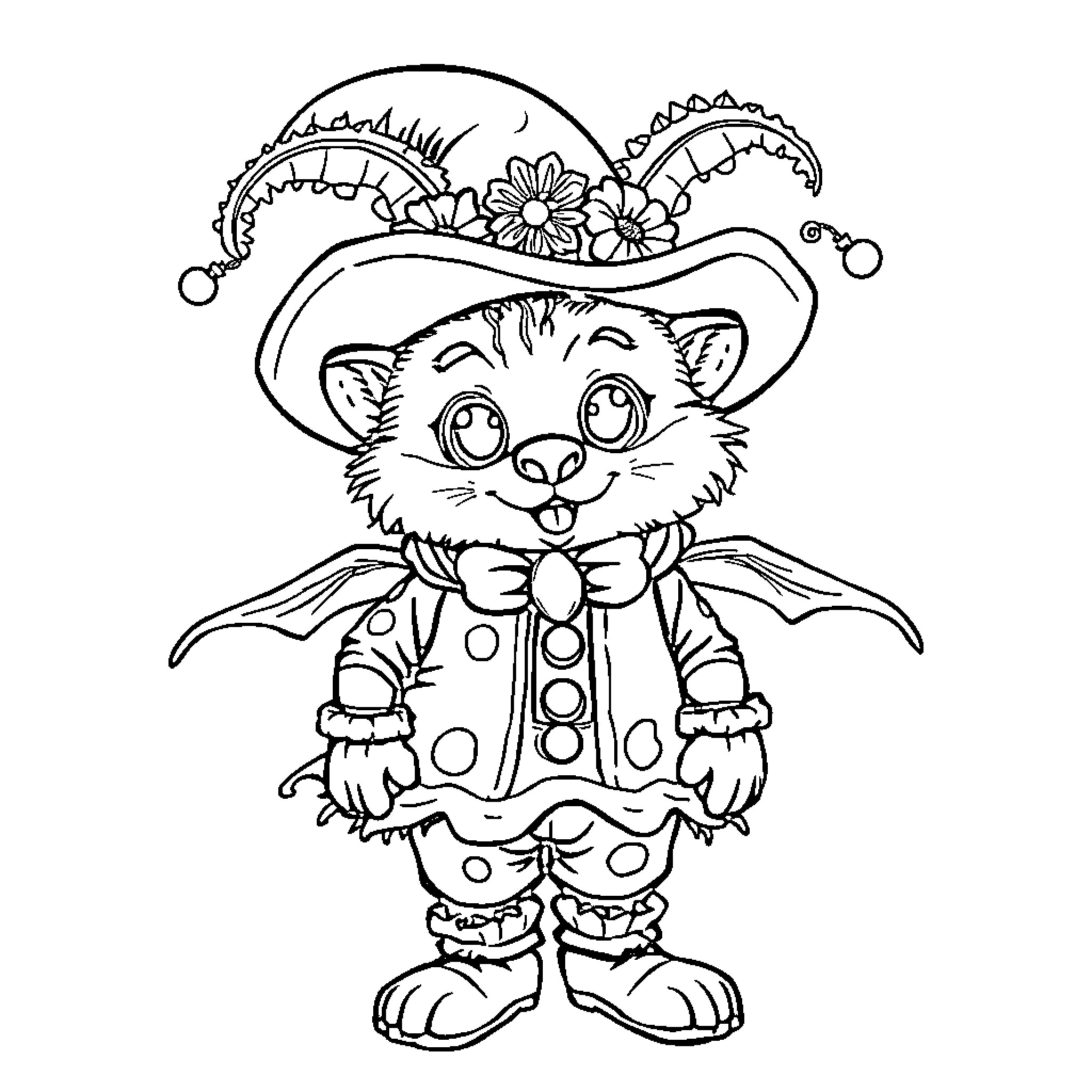 Carnival Mascot in Whimsical Attire and Pose Coloring Page (free black-and-white line drawing printable PDF for all, from beginners to advanced learners, including children, teens, adults, and seniors)