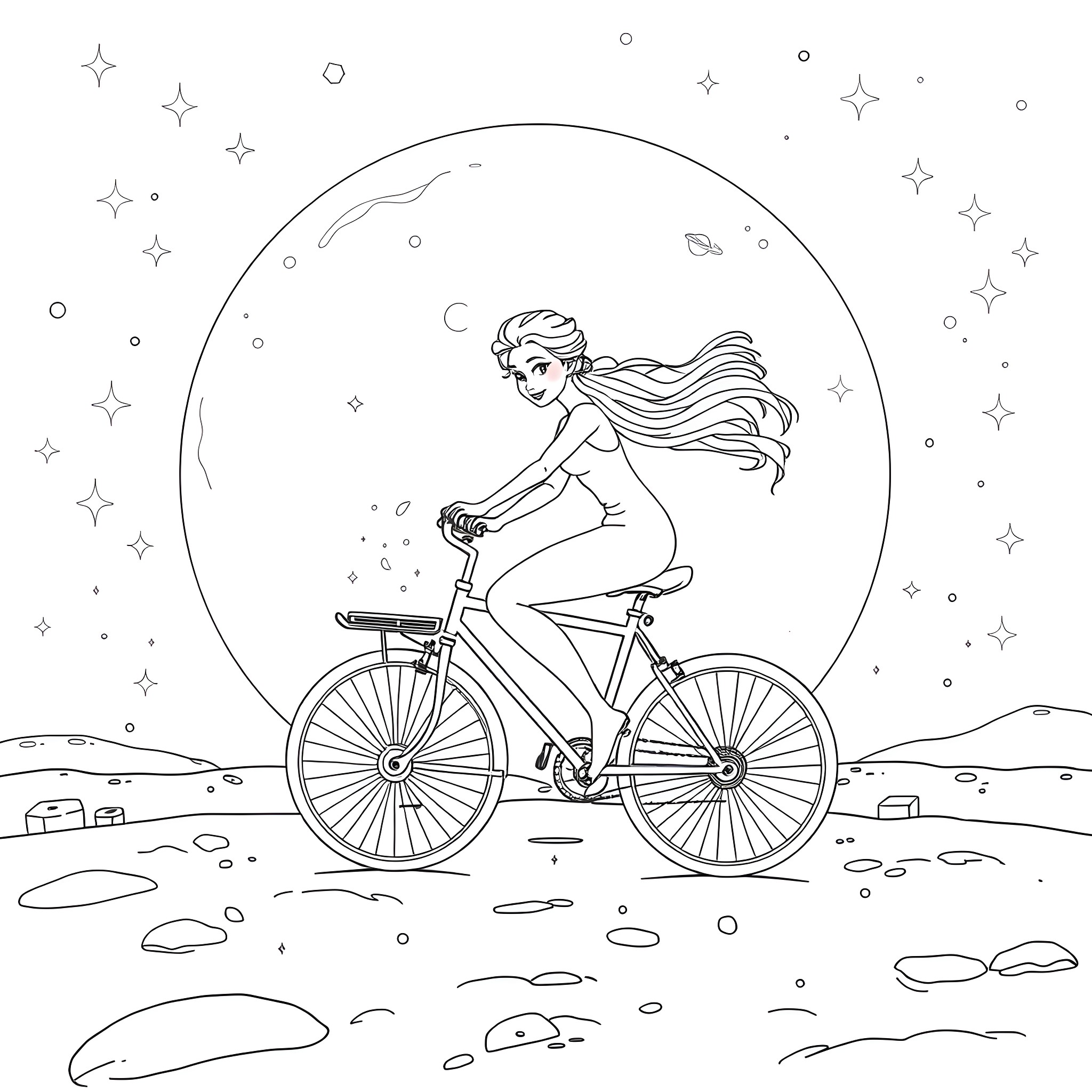 Elsa riding a bicycle under the starry night sky Coloring Page (free black-and-white line drawing printable PDF for all, from beginners to advanced learners, including children, teens, adults, and seniors)