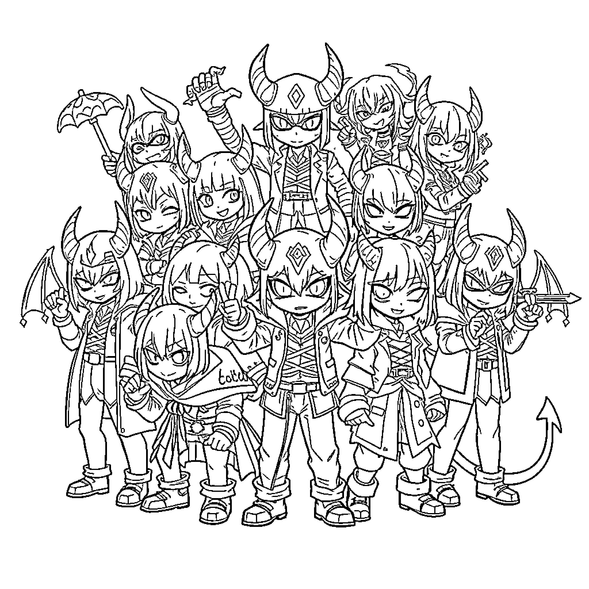 K-POP Demon Hunters in Fierce Battle Formation Coloring Page (free black-and-white line drawing printable PDF for all, from beginners to advanced learners, including children, teens, adults, and seniors)
