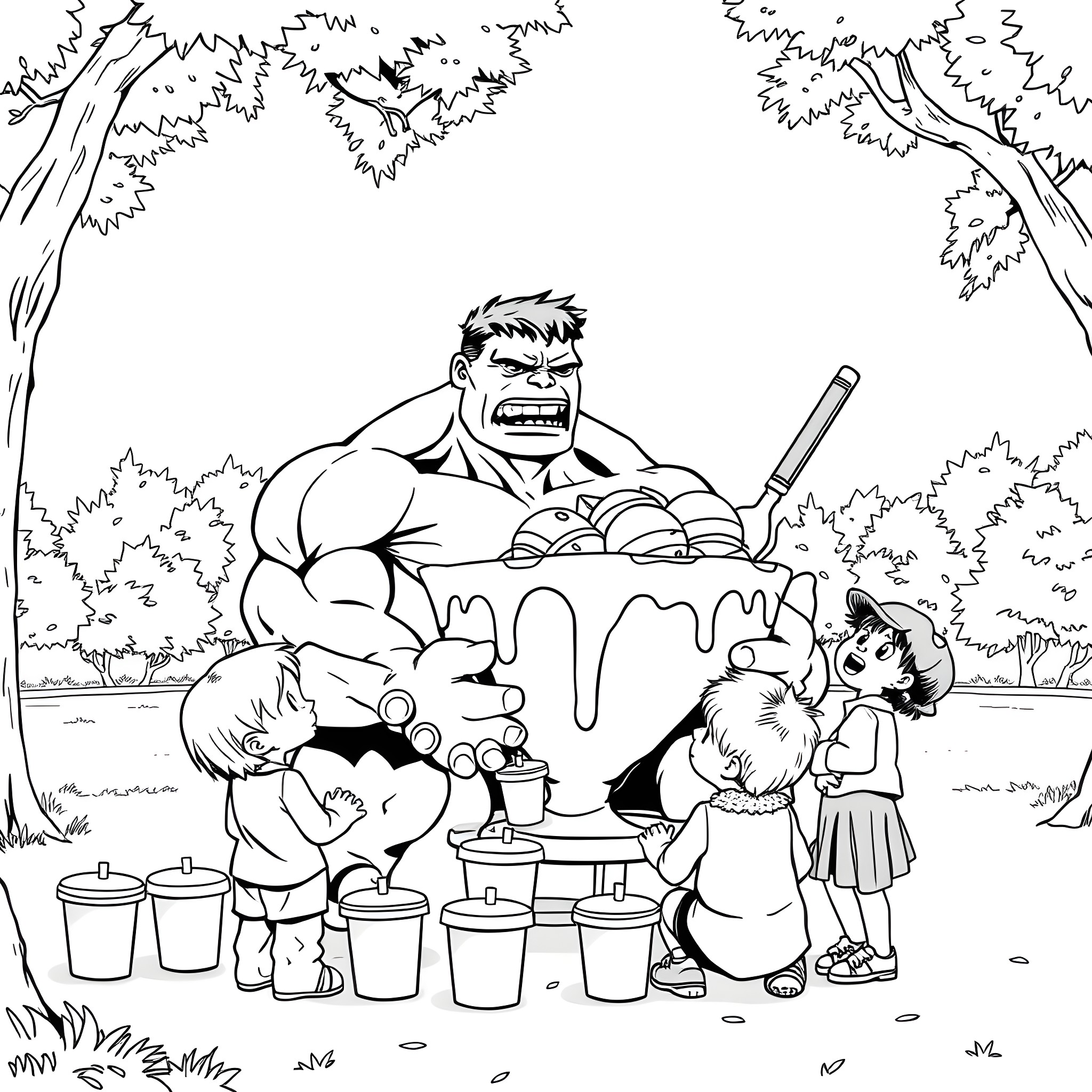 Hulk Enjoying a Picnic with Children in the Park Coloring Page (free black-and-white line drawing printable PDF for all, from beginners to advanced learners, including children, teens, adults, and seniors)