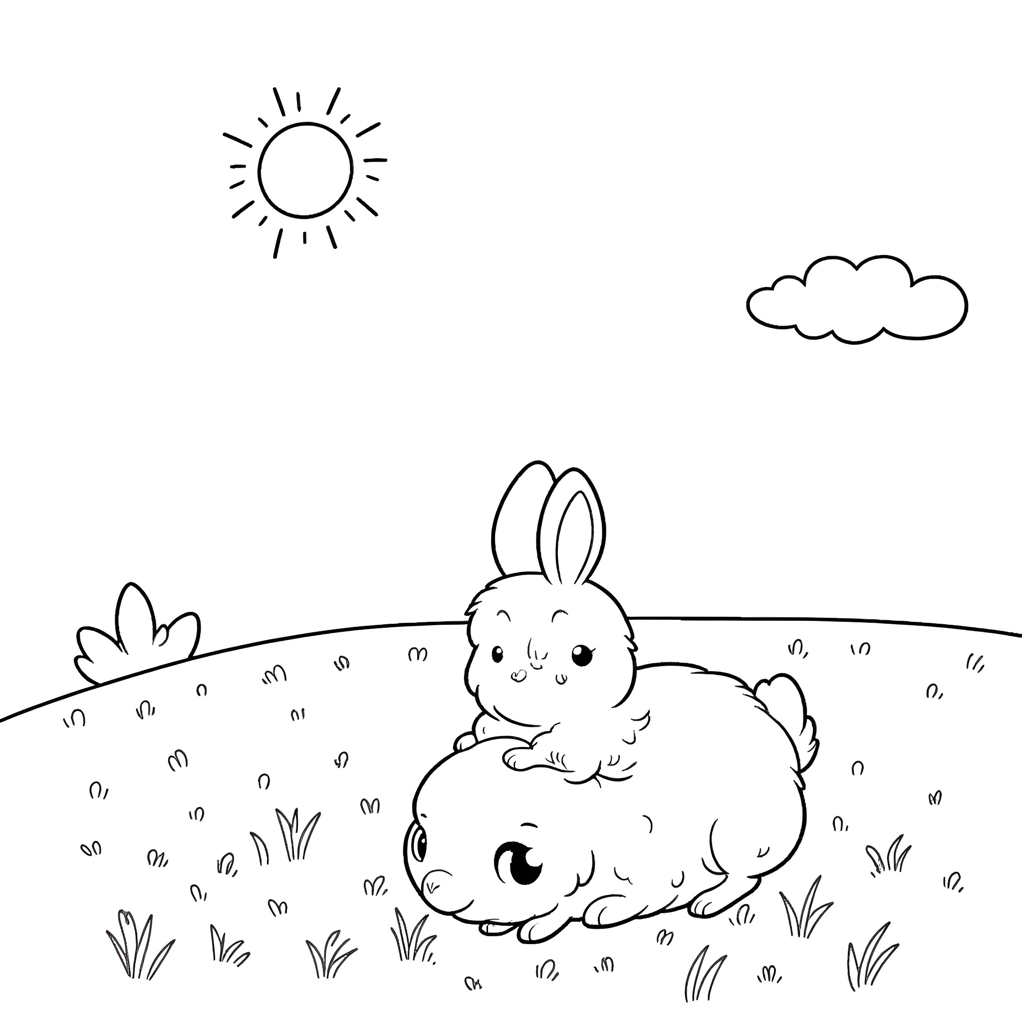 Rabbit sitting peacefully in the field Coloring Page (free black-and-white line drawing printable PDF for all, from beginners to advanced learners, including children, teens, adults, and seniors)