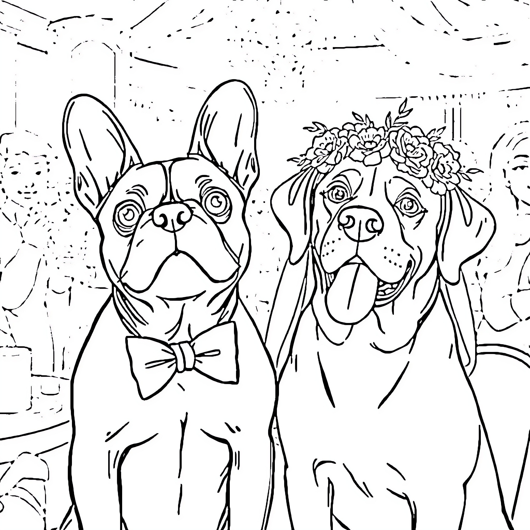 Dogs Dressed for a Celebration Coloring Page (free black-and-white line drawing printable PDF for all, from beginners to advanced learners, including children, teens, adults, and seniors)