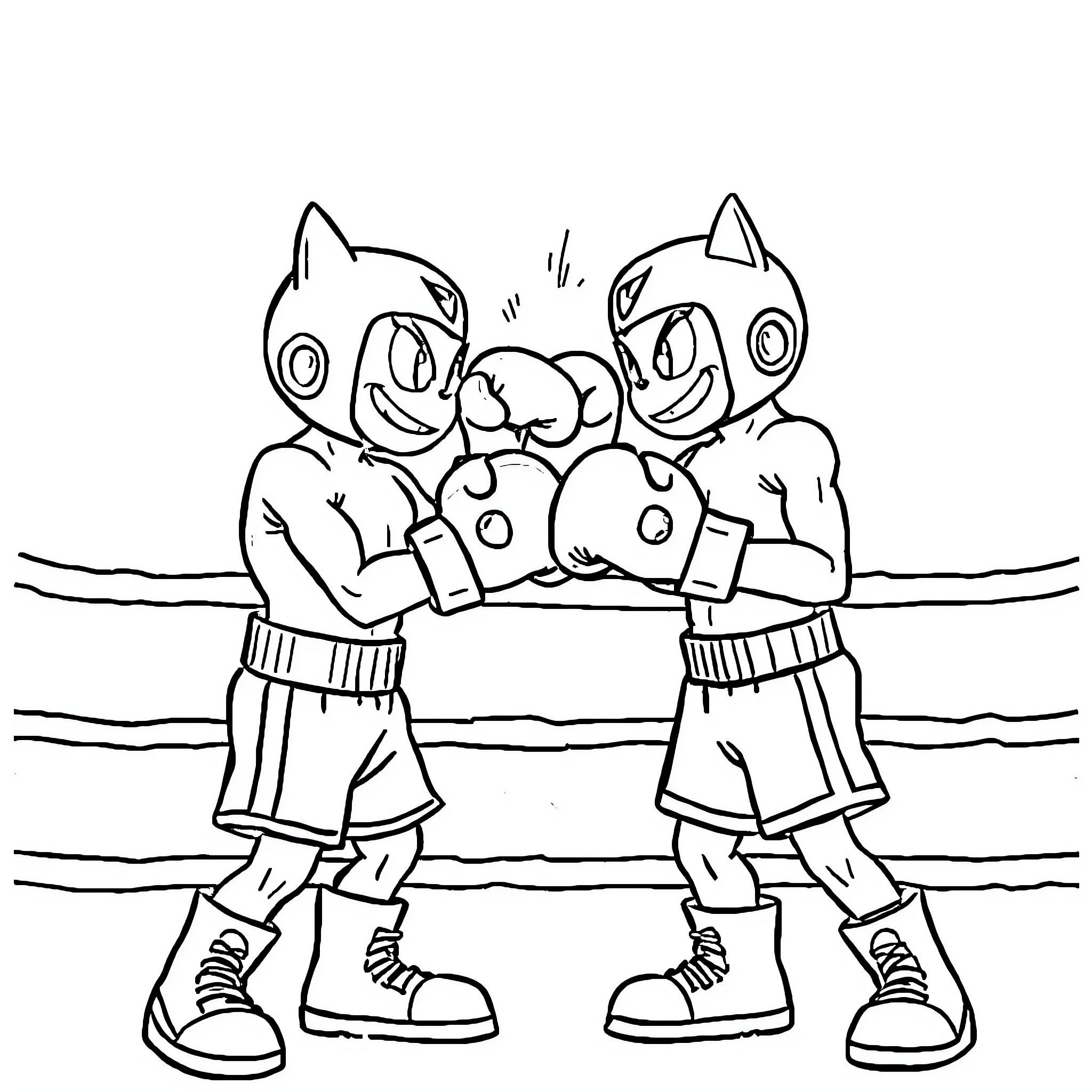 Boxing match between costumed characters Coloring Page (free black-and-white line drawing printable PDF for all, from beginners to advanced learners, including children, teens, adults, and seniors)