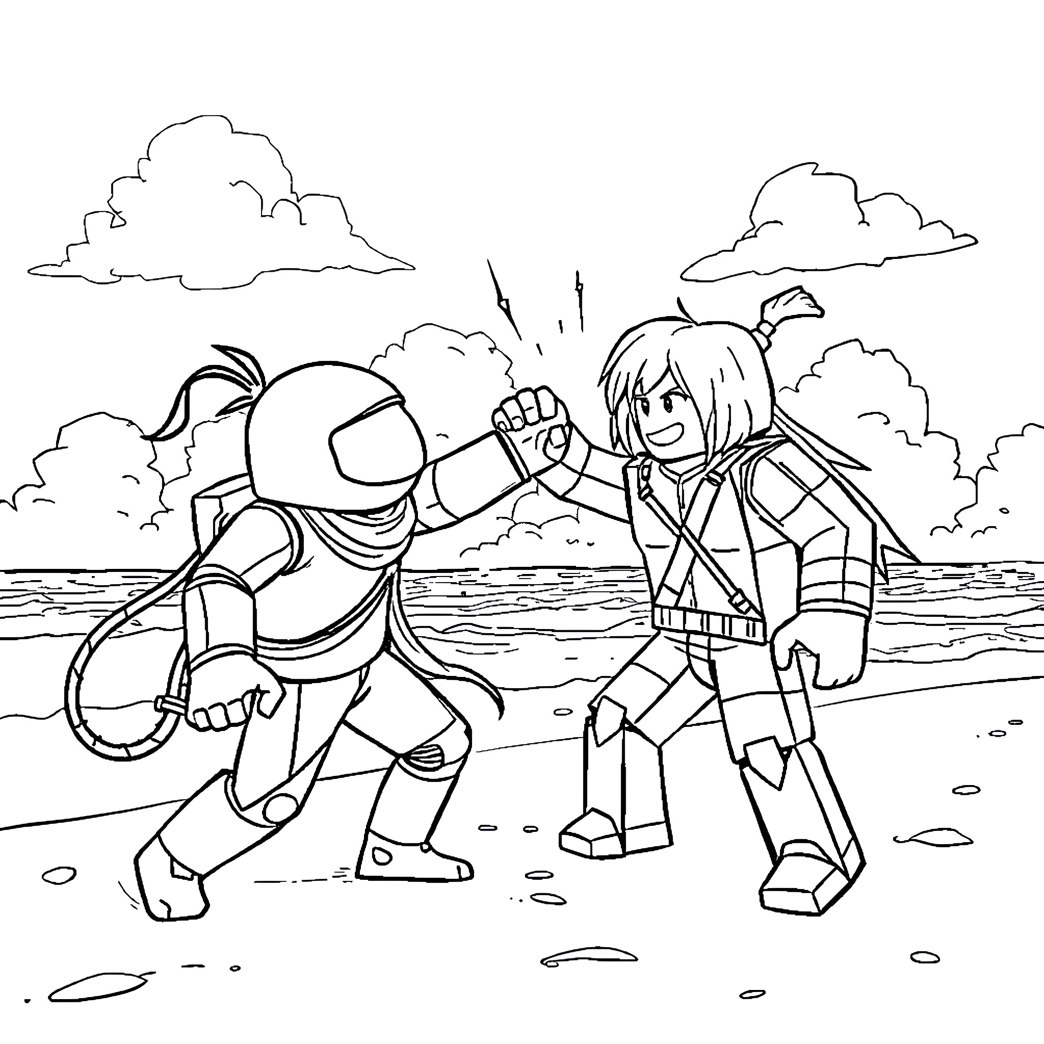 Among Us Characters in Intense Standoff Coloring Page (free black-and-white line drawing printable PDF for all, from beginners to advanced learners, including children, teens, adults, and seniors)