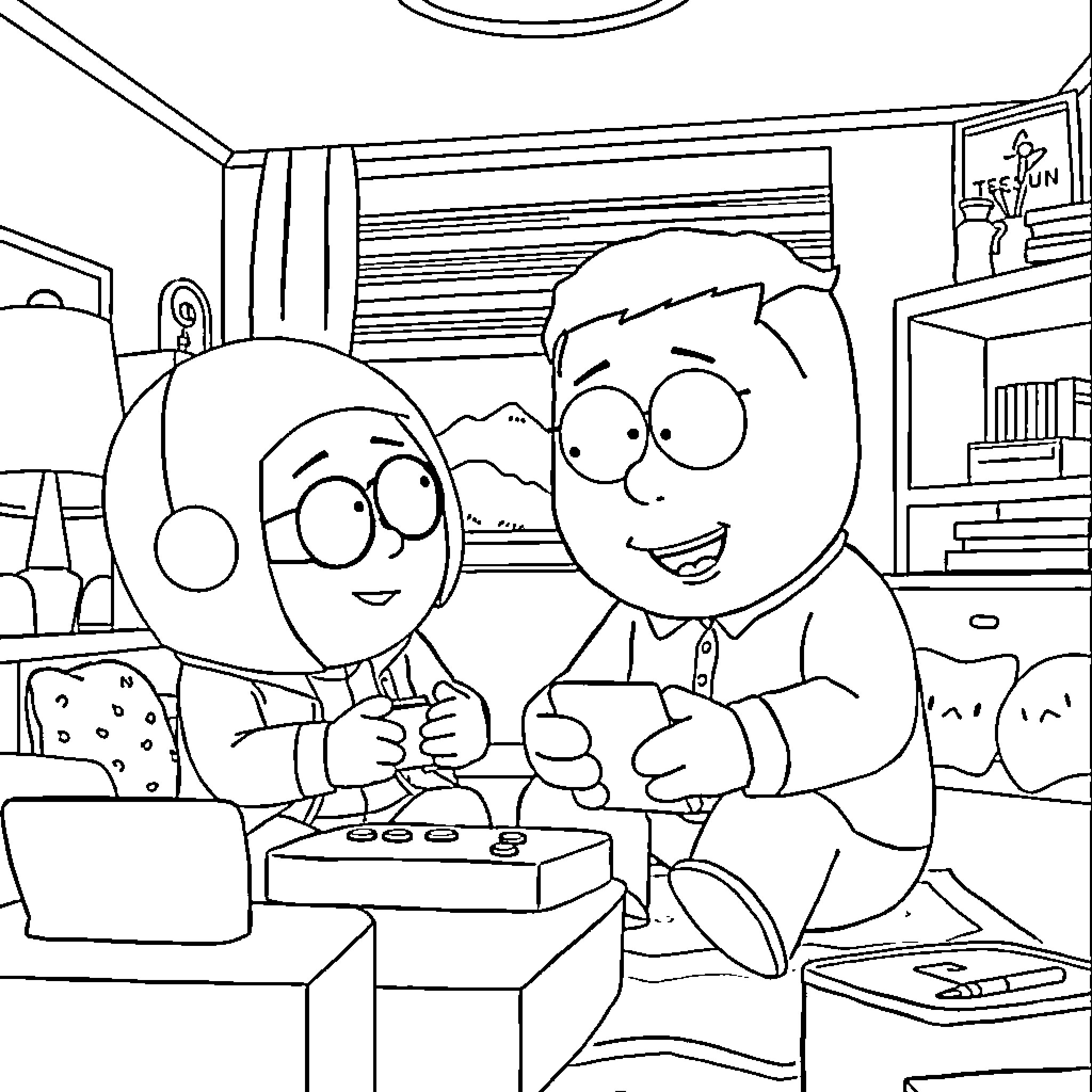 Cartman Enjoying Video Games with Friend Coloring Page (free black-and-white line drawing printable PDF for all, from beginners to advanced learners, including children, teens, adults, and seniors)
