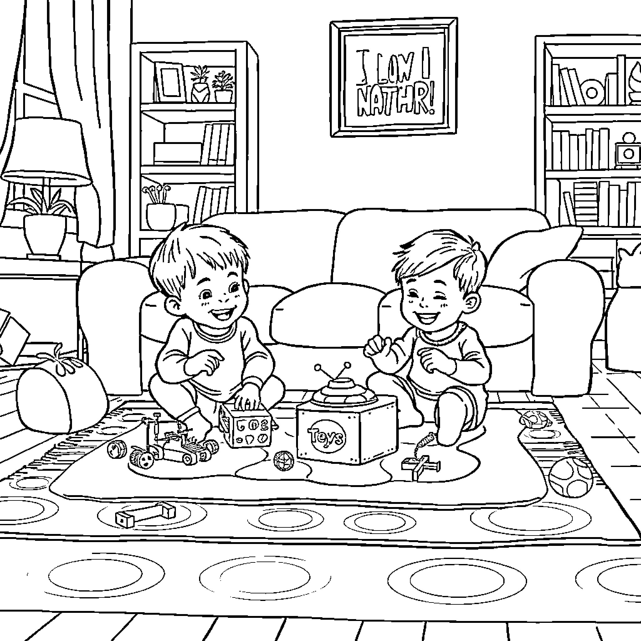 Siblings playing with toys in living room Coloring Page (free black-and-white line drawing printable PDF for all, from beginners to advanced learners, including children, teens, adults, and seniors)