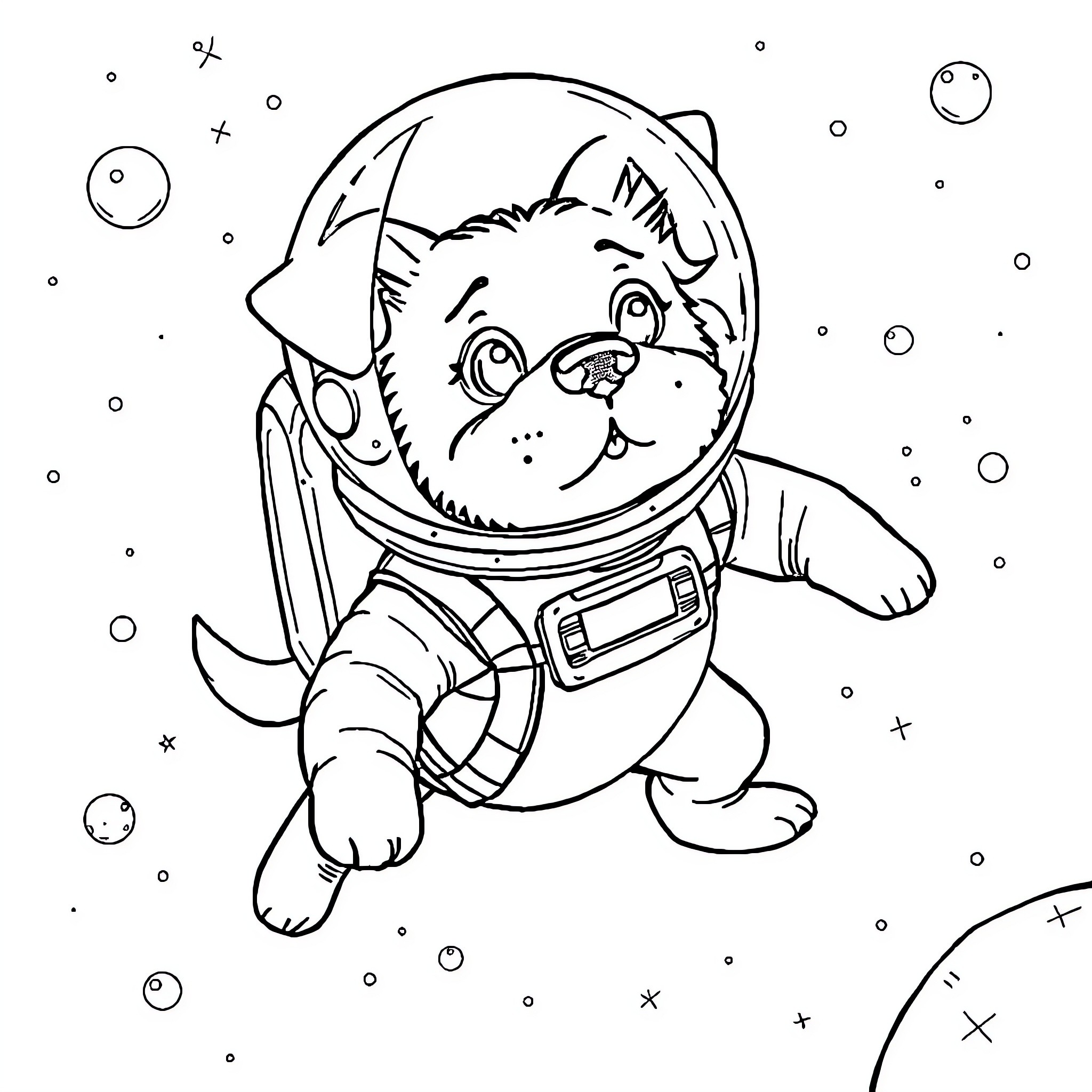 Astronaut Dog floating in space Coloring Page (free black-and-white line drawing printable PDF for all, from beginners to advanced learners, including children, teens, adults, and seniors)