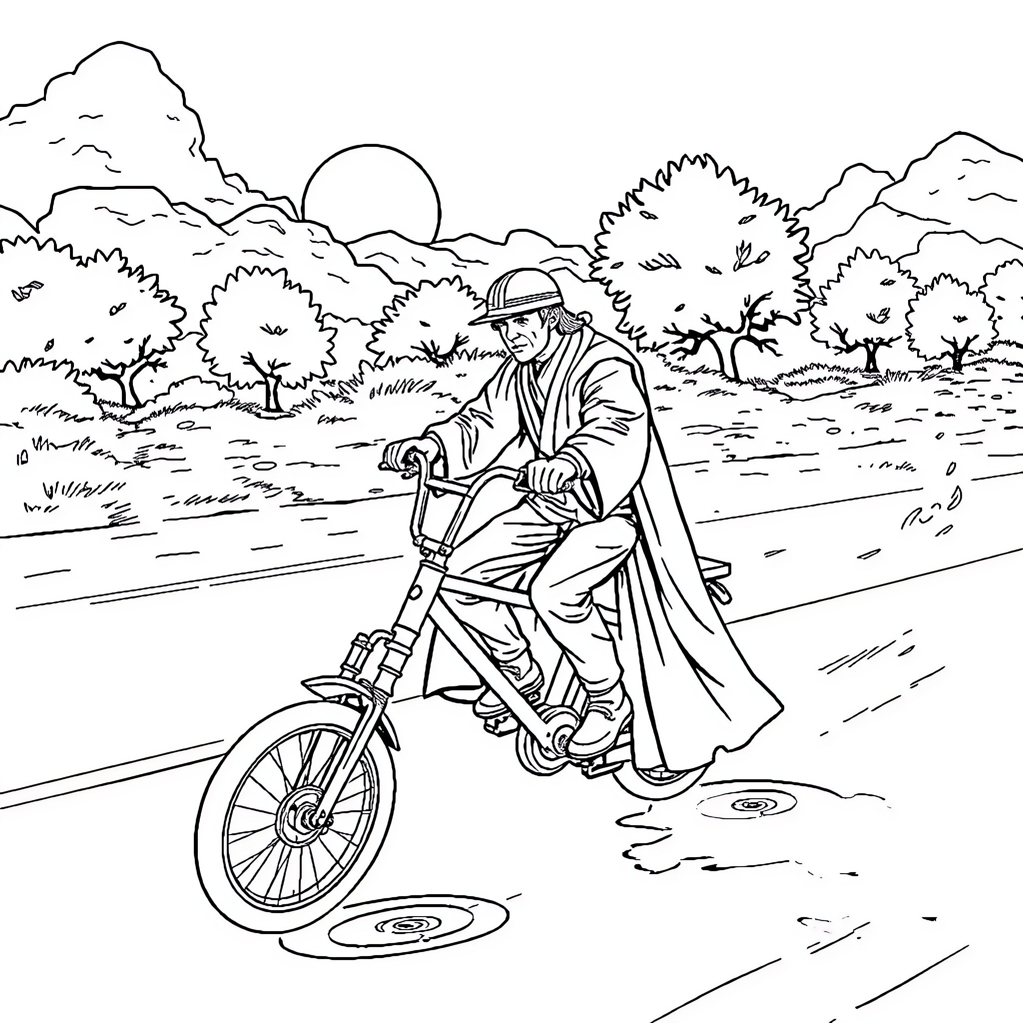 Jedi Knight rides bicycle through serene countryside Coloring Page (free black-and-white line drawing printable PDF for all, from beginners to advanced learners, including children, teens, adults, and seniors)