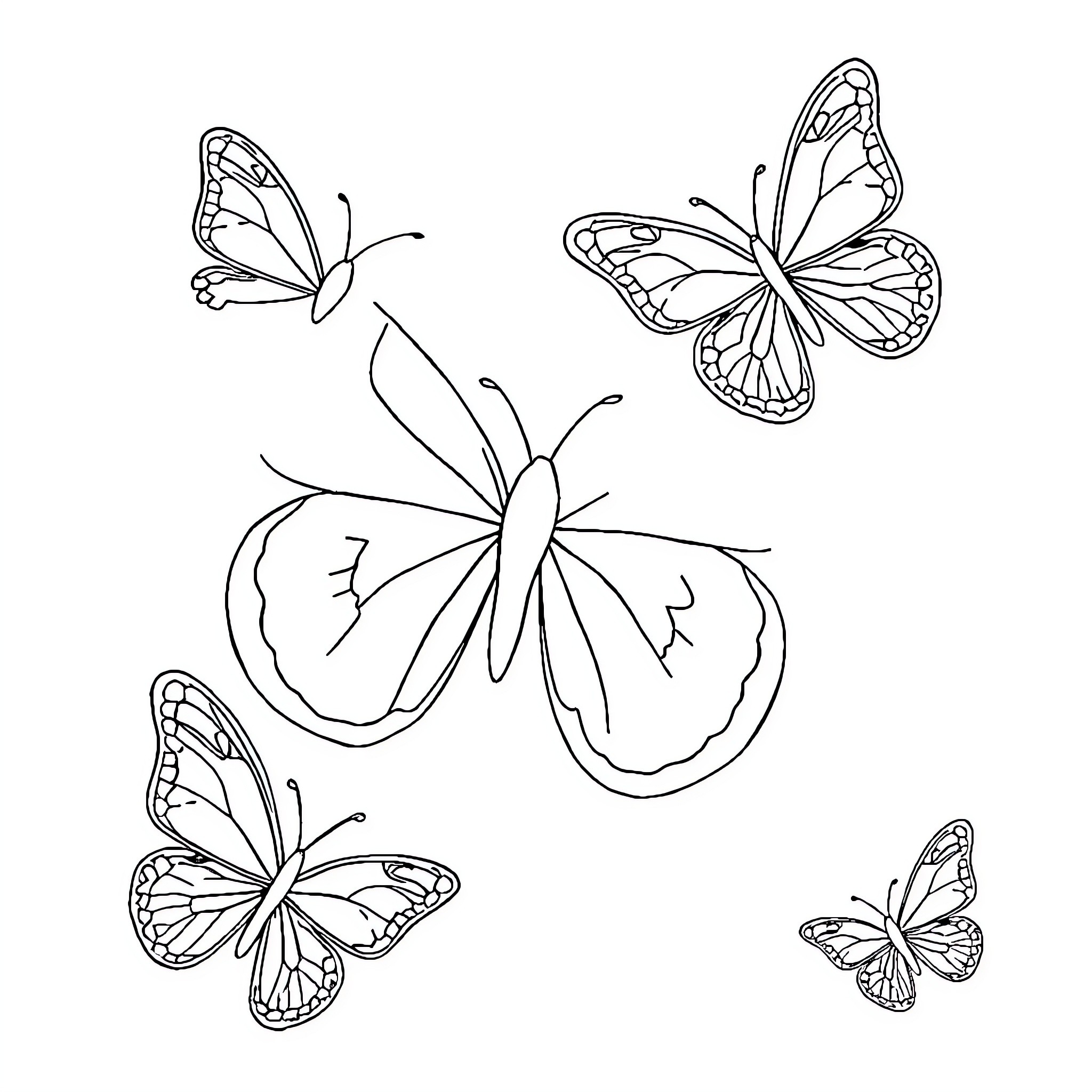 Butterfly Drawings and Sketches Coloring Page (free black-and-white line drawing printable PDF for all, from beginners to advanced learners, including children, teens, adults, and seniors)