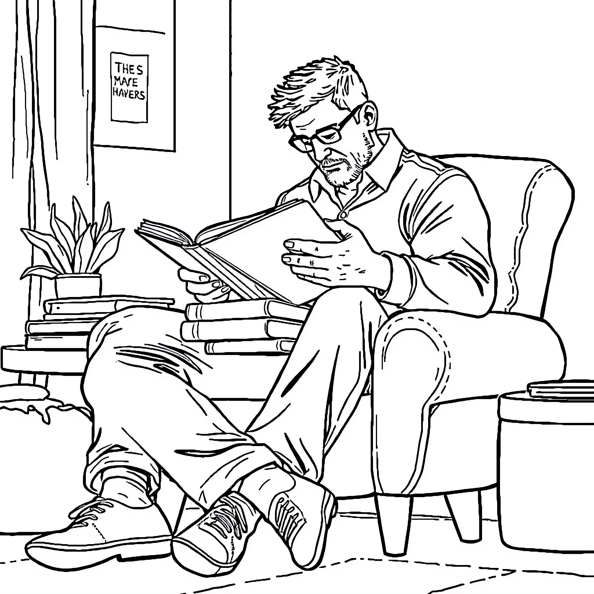 Man reading intently in his office Coloring Page (free black-and-white line drawing printable PDF for all, from beginners to advanced learners, including children, teens, adults, and seniors)