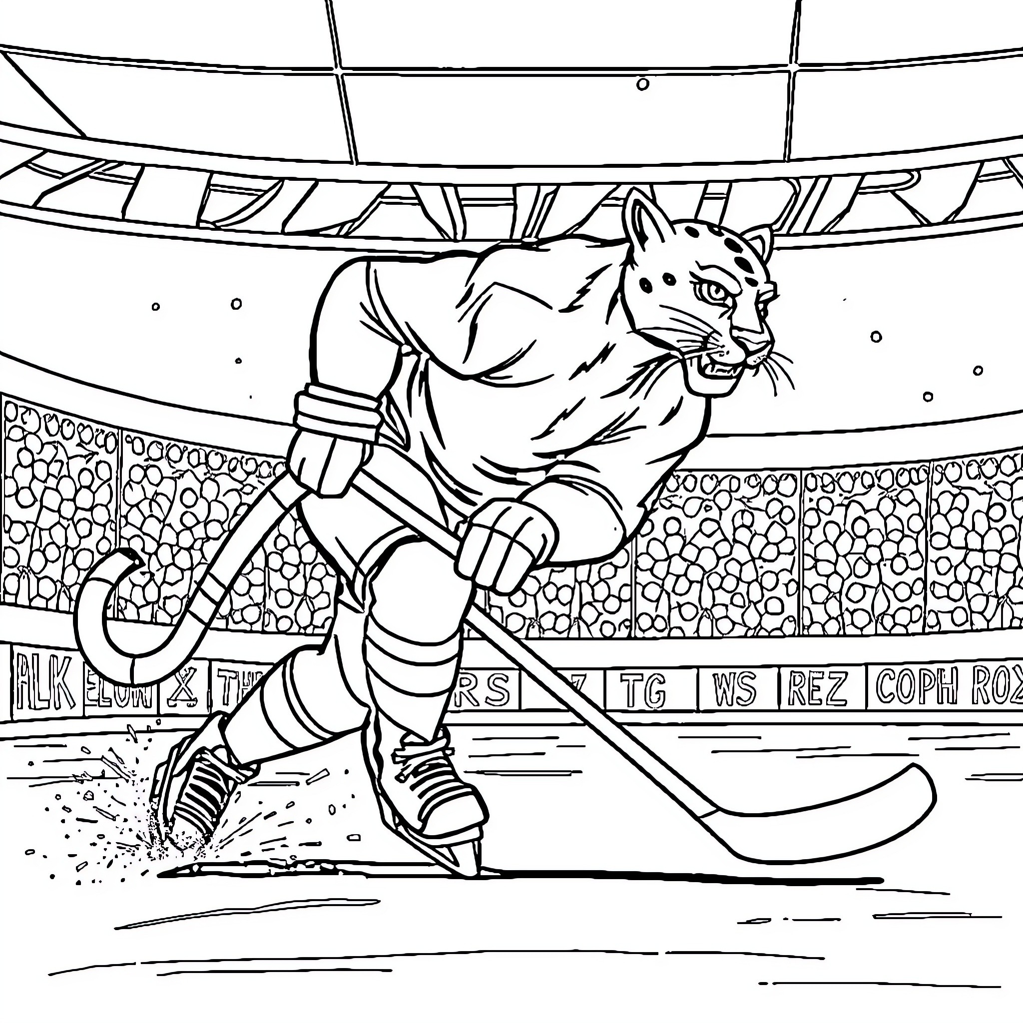 Panther playing ice hockey aggressively on rink Coloring Page (free black-and-white line drawing printable PDF for all, from beginners to advanced learners, including children, teens, adults, and seniors)