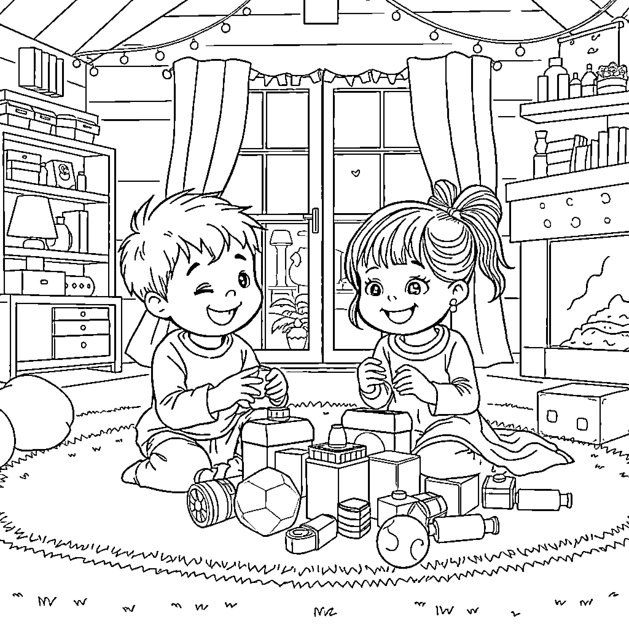 Children playing with toys in cozy room Coloring Page (free black-and-white line drawing printable PDF for all, from beginners to advanced learners, including children, teens, adults, and seniors)