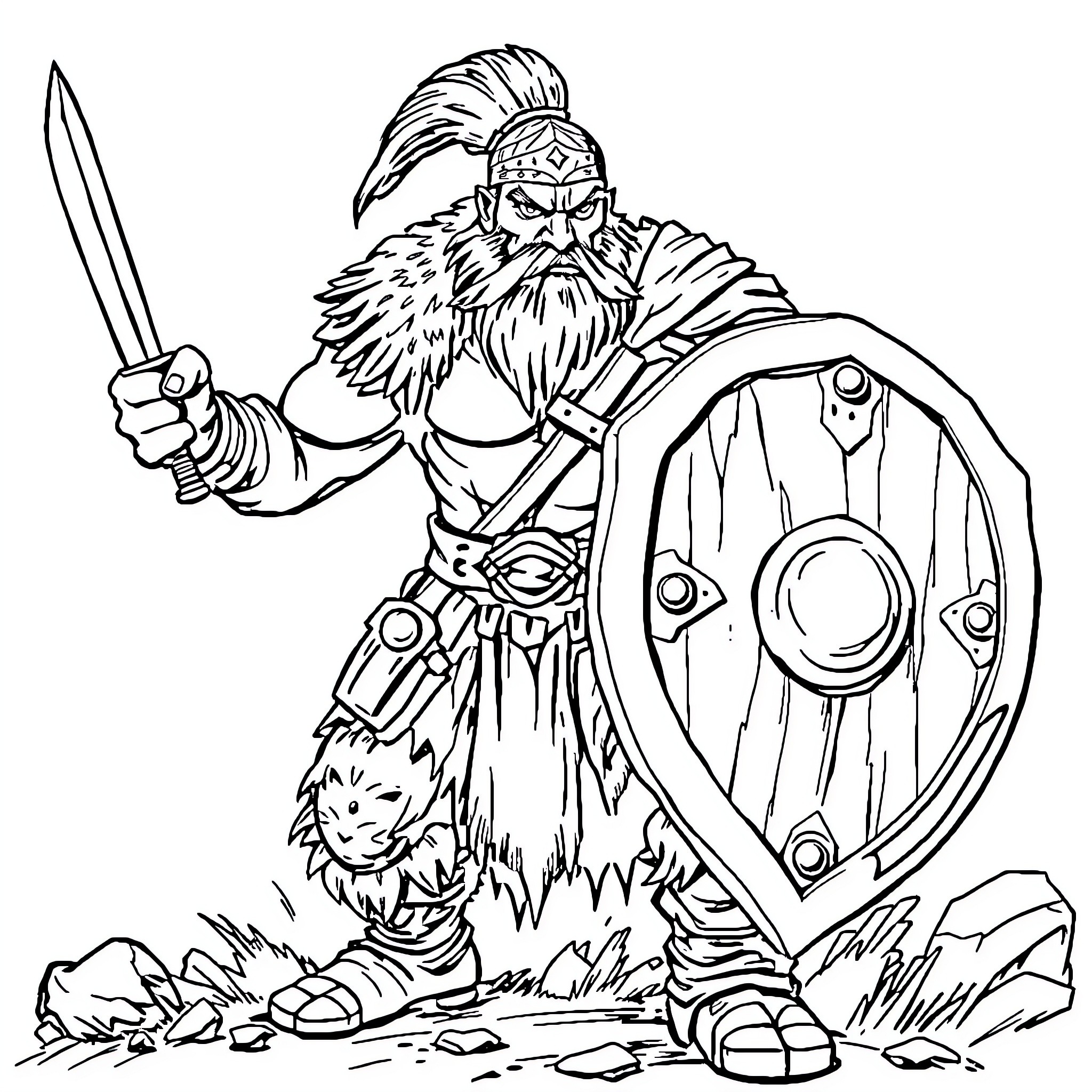 Barbarian Warrior Wielding Sword and Shield Coloring Page (free black-and-white line drawing printable PDF for all, from beginners to advanced learners, including children, teens, adults, and seniors)