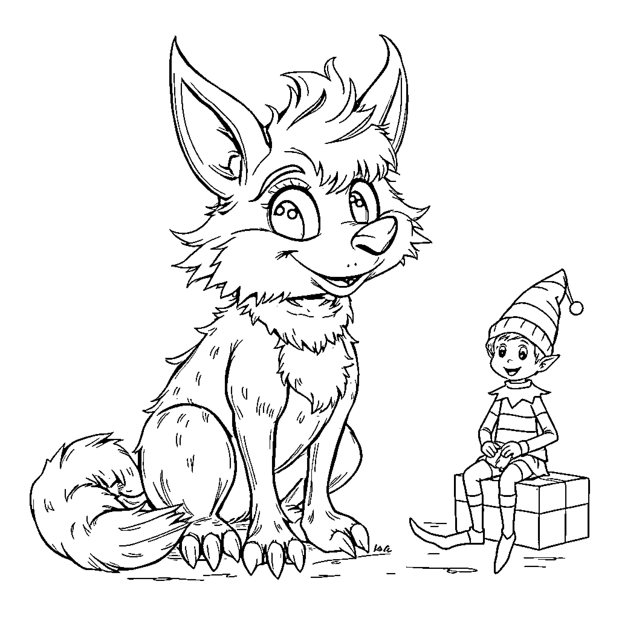 Huntrix's Mischievous Companion and Curious Elf Coloring Page (free black-and-white line drawing printable PDF for all, from beginners to advanced learners, including children, teens, adults, and seniors)